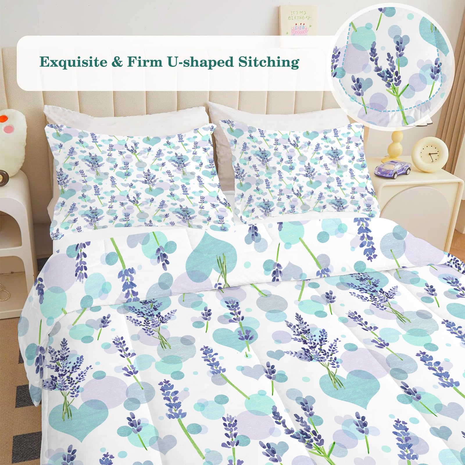 Lila Lavendel Bettdecke 135x200 4 Jahreszeiten, Wende Steppdecke 135x200, Warme Ganzjahresdecke Blaue Kreise Bettdecke ohne Bezug Waschbar Schlafdecke mit 2 Kissenbezug 80x80cm