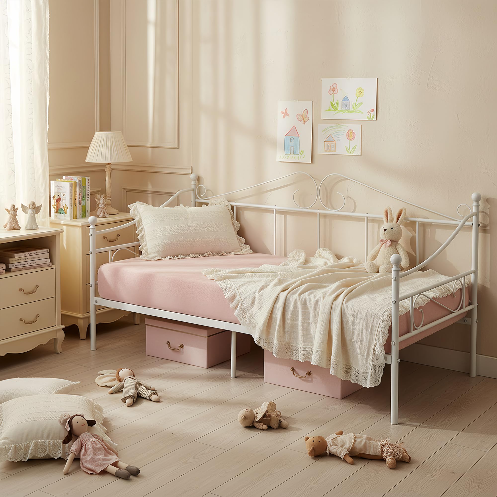 Struttura Letto Divano Singolo 90x190, Letto in Ferro Battuto per Materasso 90x190 cm, Sofa Day bed Letti per Camera/Soggiorno/Veranda/Giardino/Bianco(Stile A)
