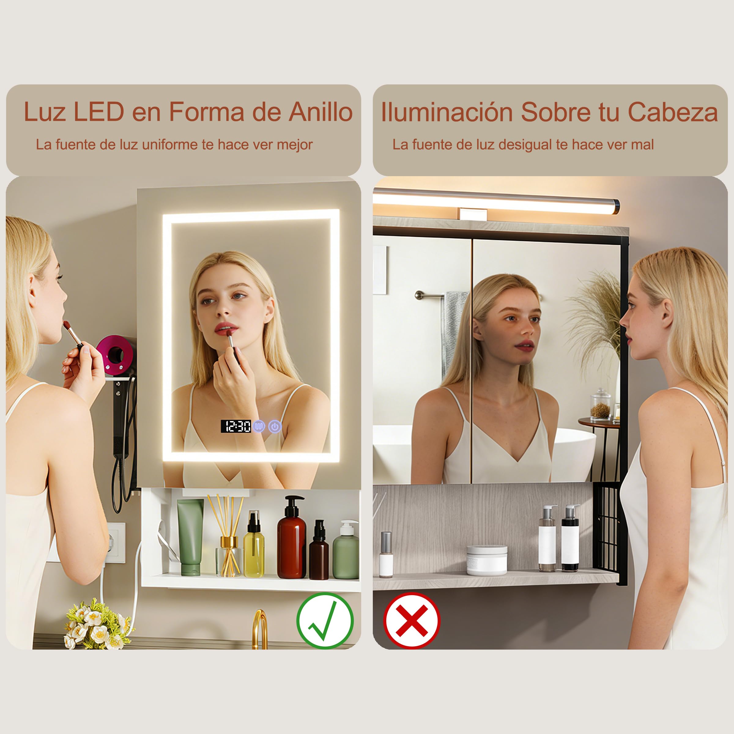Armario Baño con Espejo LED iluminación y Función de desempañadora Armario Baño Espejo de Pared con reloj y pantalla de temperatura, Enchufe,4 compartimentos y Soporte para secador de Pelo,47x80x16cm