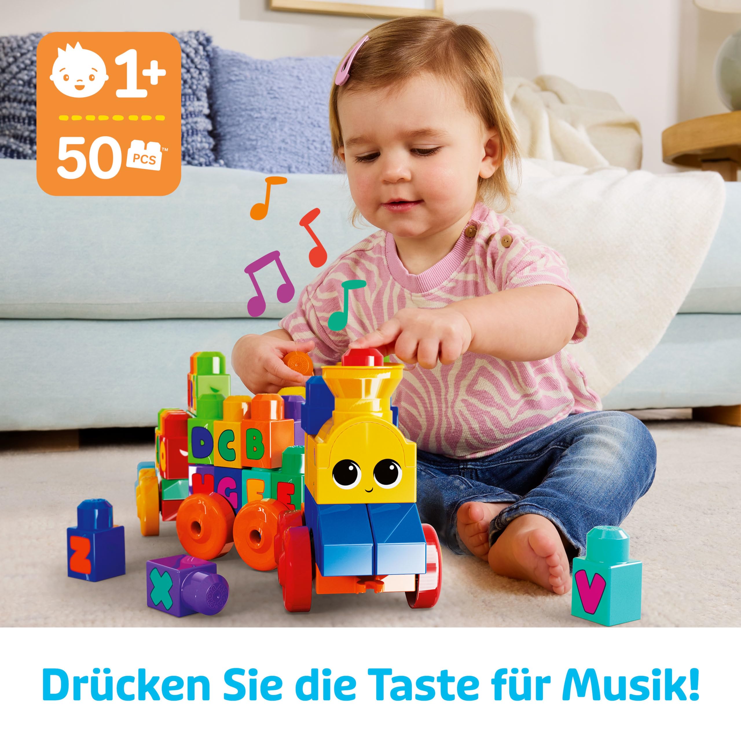 MEGA BLOKS ABC Musikzug - mit Musik und Geräuschen zum Lernen des Alphabets, 50-teiliges Spielset mit beweglichen Rädern und Bausteinen, Buchstaben A bis Z aufgedruckt, für Kinder ab 1 Jahr, FWK22