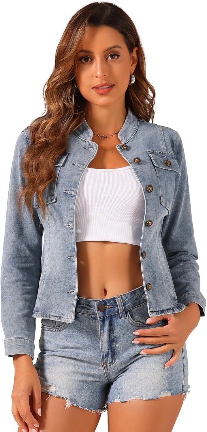 Allegra K Casual Denim Jacket for Women's Classic Stand Collar Long Sleeve Jean Jacket