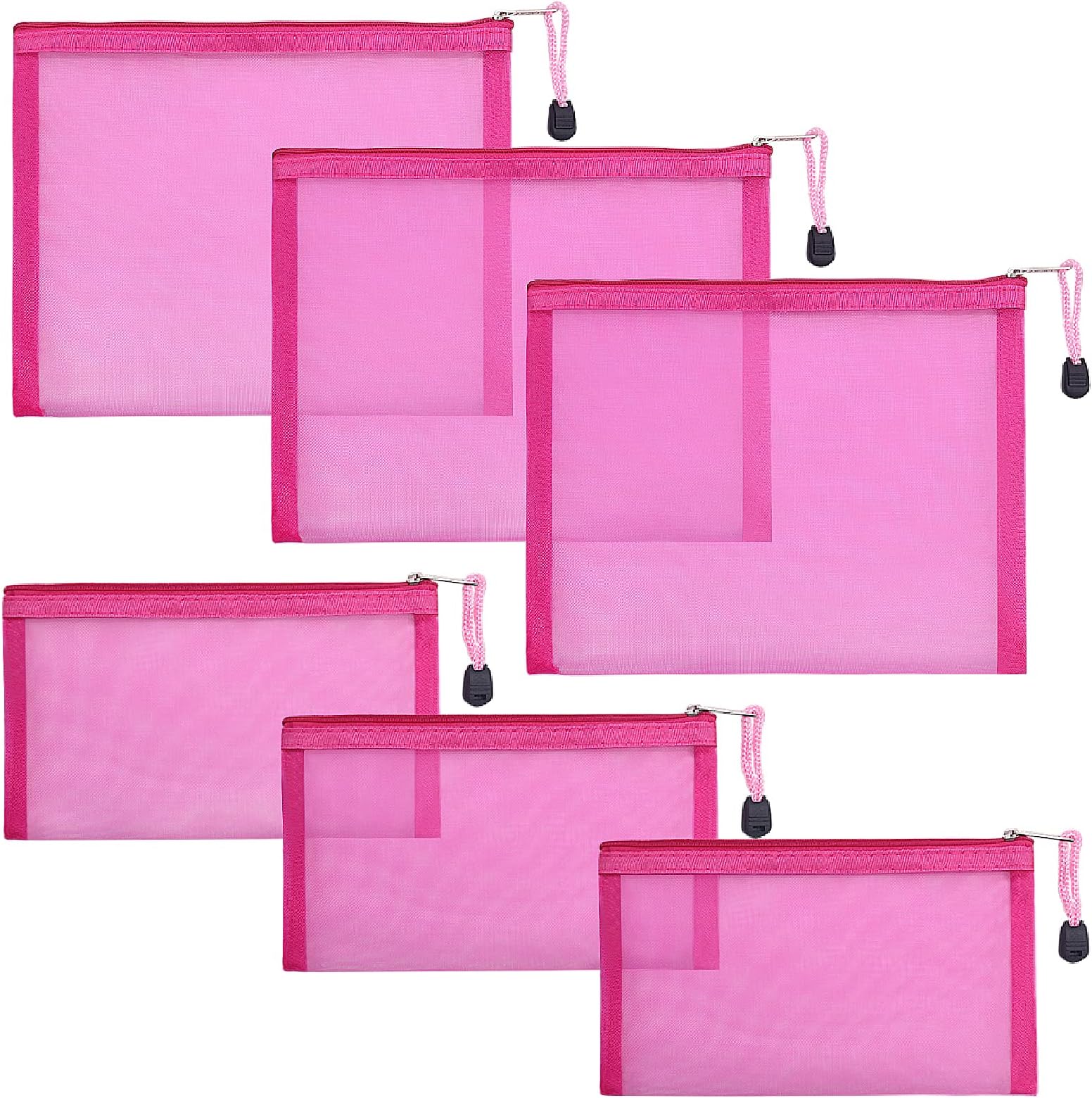 6 Pack Mesh Cosmetic Bags, Nylon Makeup Pouches with Zipper for Home Office Purse Diaper Bag (Rose)