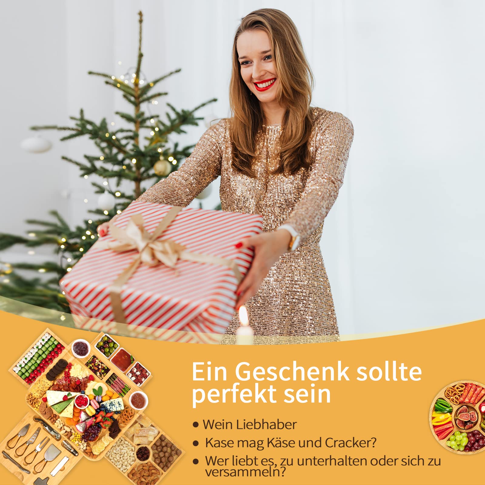 Bambus-Käsebrett, Käsebrett mit Käsemesser-Set, Charcuterie Board,Käsebretter, Servierbrett, für Wein, Cracker, Brie und , Fleisch, Einweihungsgeschenk für Leckereien, Weihnachten, Erntedankfest