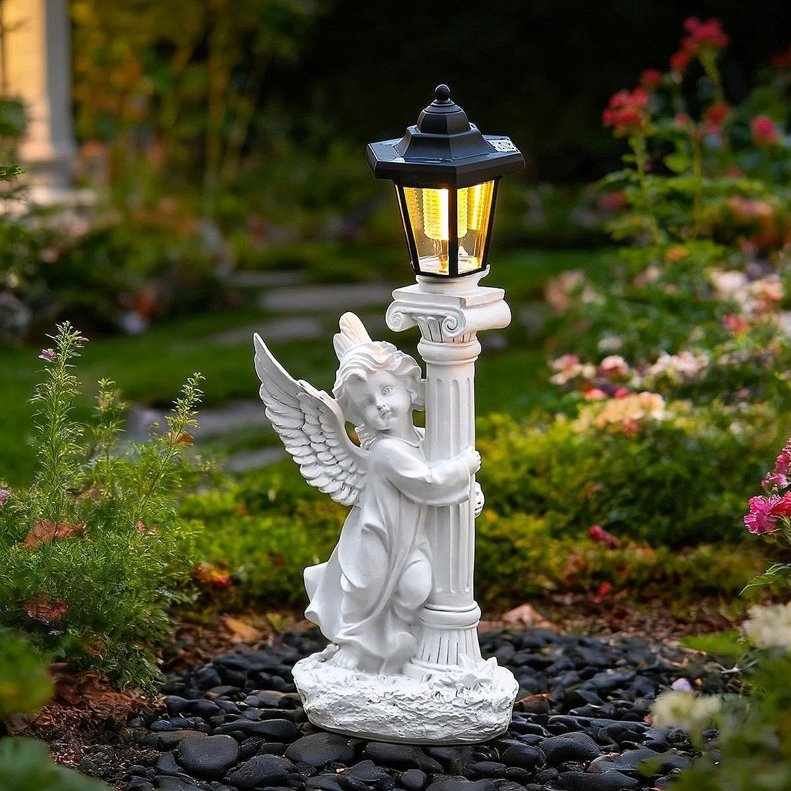 Fenteer Estatua con Pilar Romano Y Linterna Regalos para Mujeres Y Mamás. Escultura de Resina para Decoración de Exteriores, Izquierda