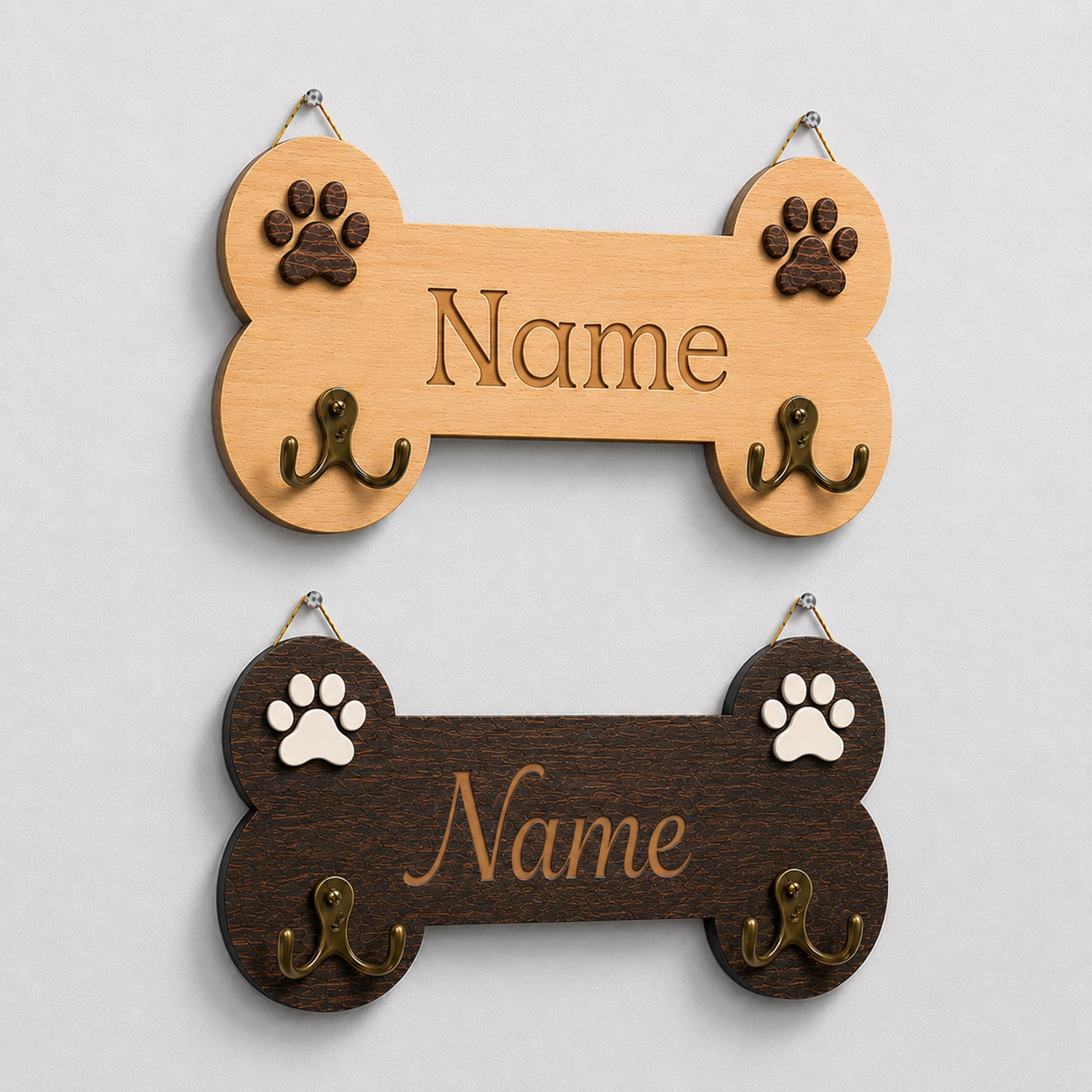 Personalized Dog Bone Leash Holder for Wall Mount, Custom Wooden Bone Leash Hook with Name, Pet Collar and Harness Organizer for Entryway, Key Hook Gift for Pet Lovers &amp; Dog Owners, Home Wall Décor