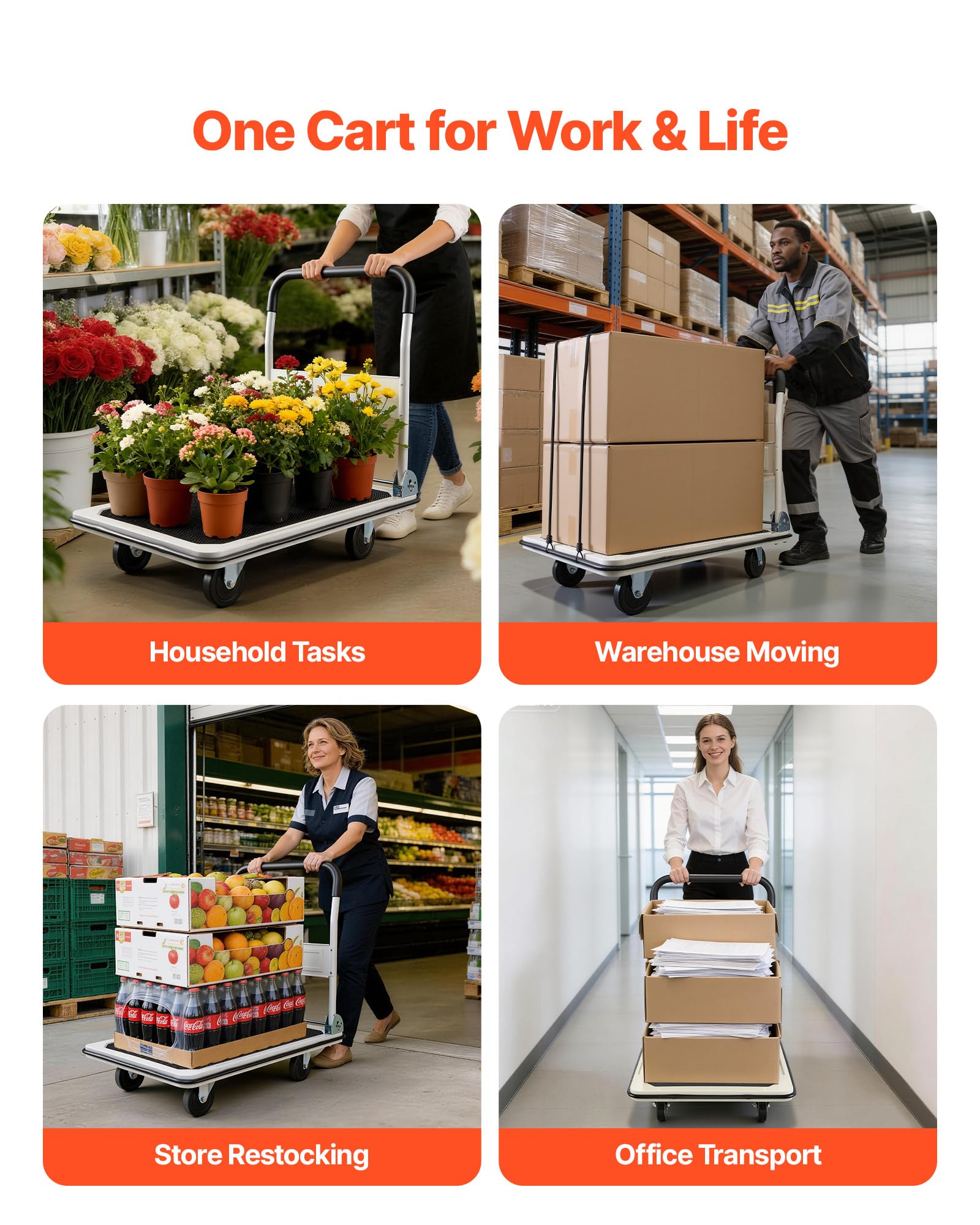 VEVOR Carro Plataforma Plegable 900 x 610 mm, Carretilla de Transporte Carga de 299,37 kg, Carrito Portaequipajes con Plataforma con Ruedas de PVC de 123 mm, para Tareas Domésticas, Almacén, Mudanza