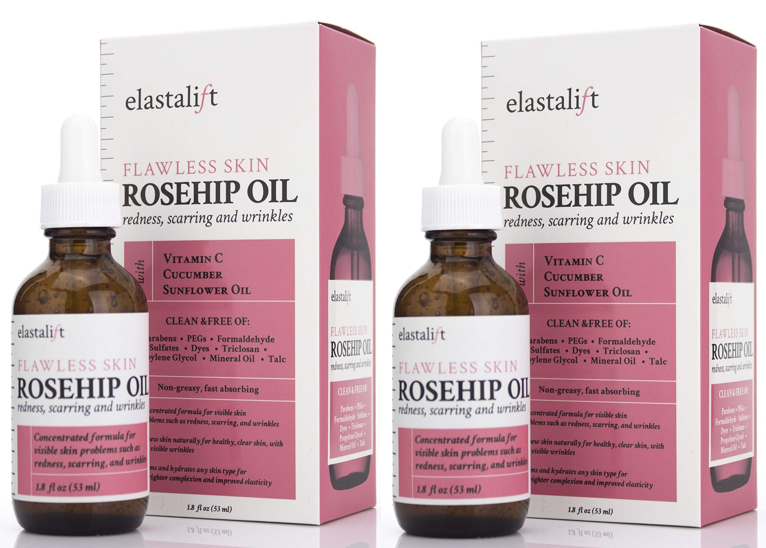 Elastalift Rosehip Oil for face with Vitamin C and Cucumber. Pure Rosehip face oil helps with Wrinkles, Scarring, and Redness for a brighter skin