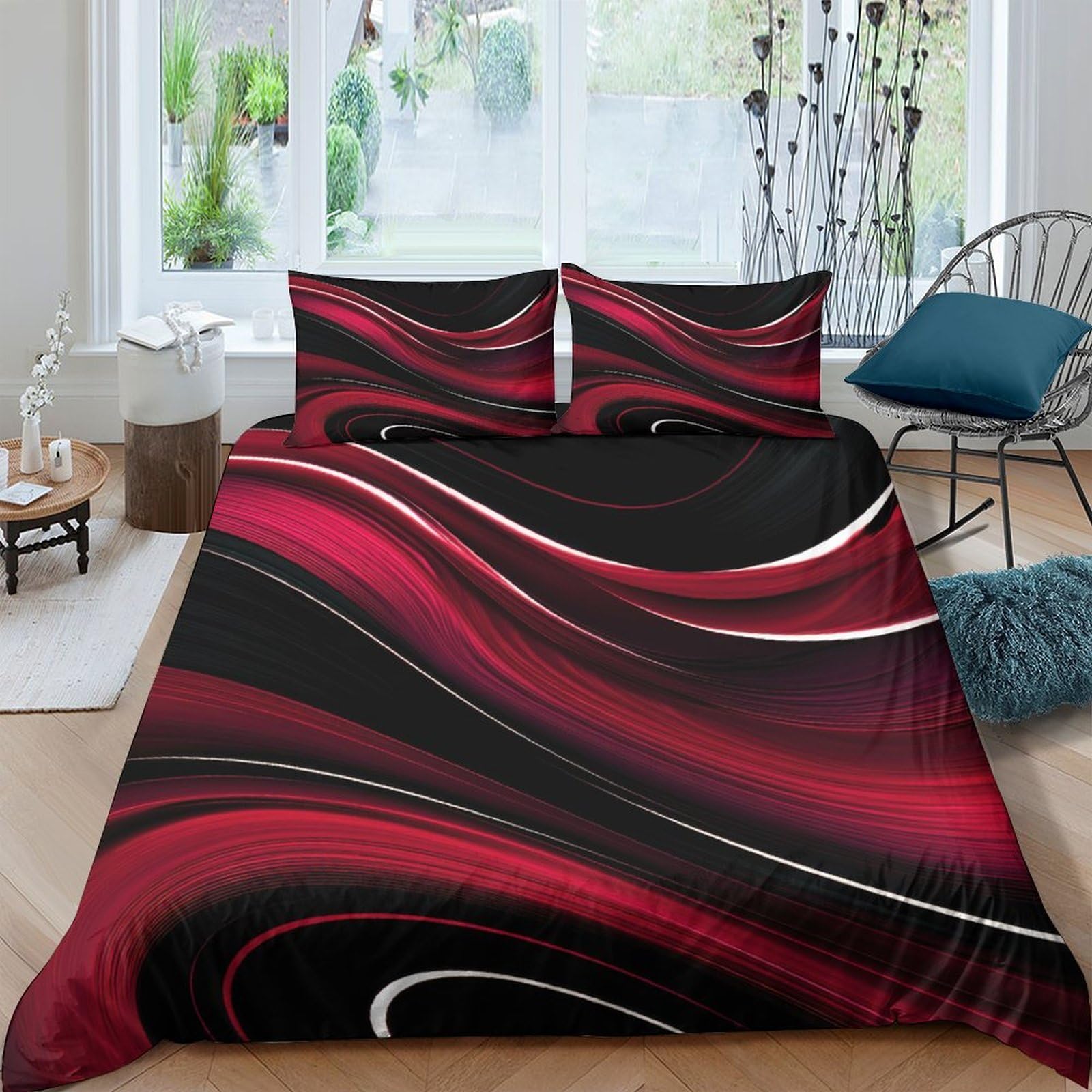 Ctjqhvkz Style-9 3D Printed Red Wave Fitted Sheet Microfiber Black Swirl Bed Cover For Bedroom Guest Room Decor Machine Washable Single（135X200cm）