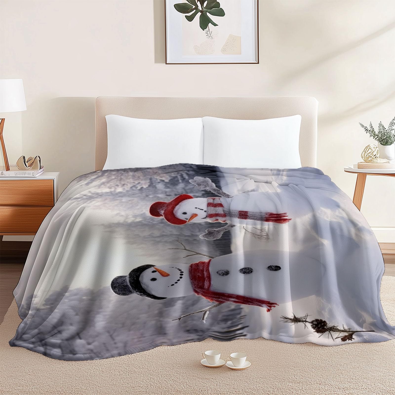 Narzuta flanelowa, zima, las, bałwanek, miękki, ciepły, koc polarowy typu sherpa w rozmiarze king size, szary, przytulny koc jesienny, 180 x 220 cm, na sofę, łóżko, kanapę, kemping, do sypialni