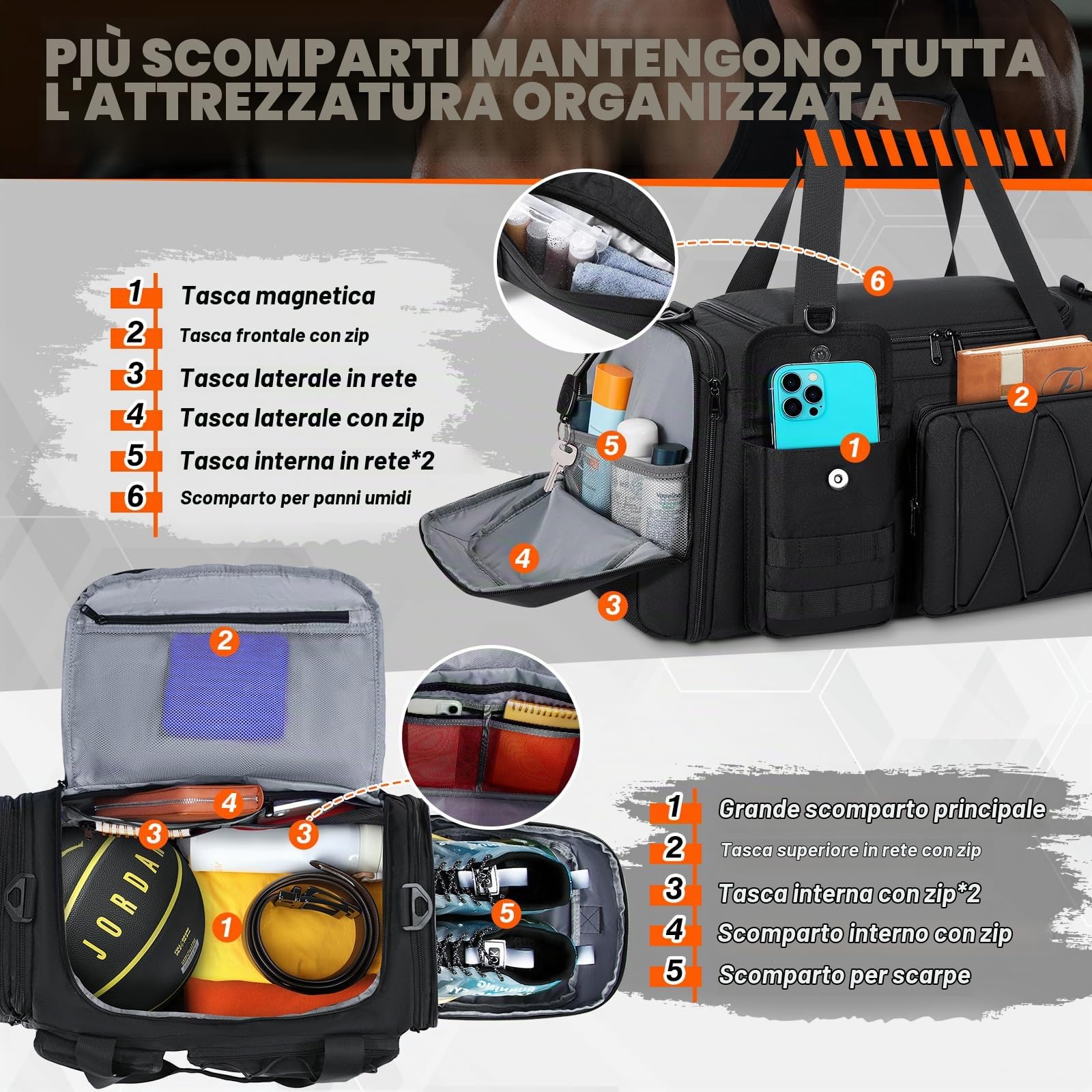 RAINSMORE Borsone Palestra Uomo Donna 40L Impermeabile Borsa Palestra con Scomparto Scarpe e Tasca Umida Espandibile Borsone da Viaggio Per Sport Piscina Fitness Weekend Nero