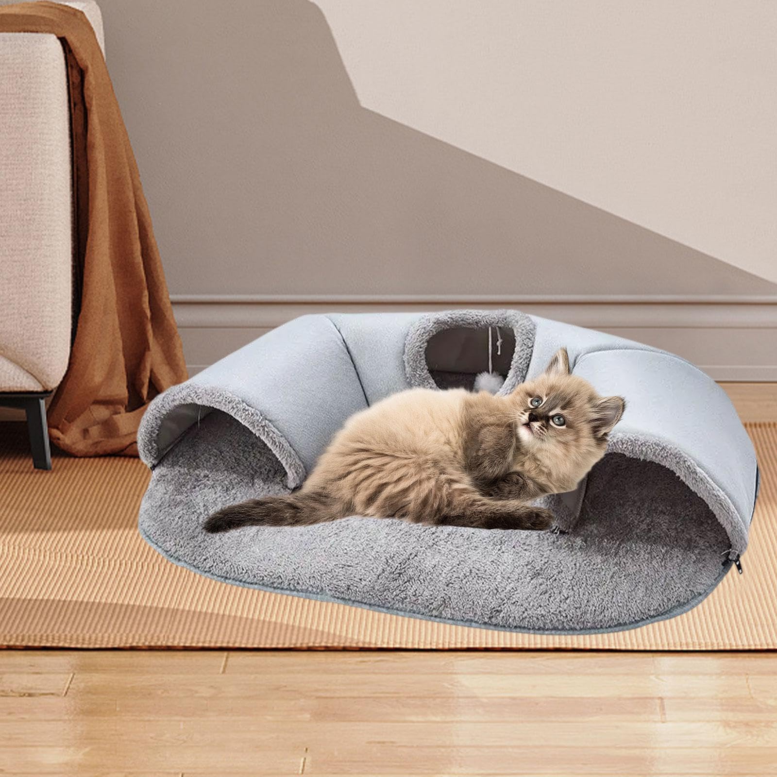 Tunnel pour Chat, Jouet Tubulaire, Lit pour Chat, Tapis Tunnel, Maisonnette pour Chat en Flanelle et Coton PP, Convient Aux Chats, Chatons et Petits A, 85cmx70cm