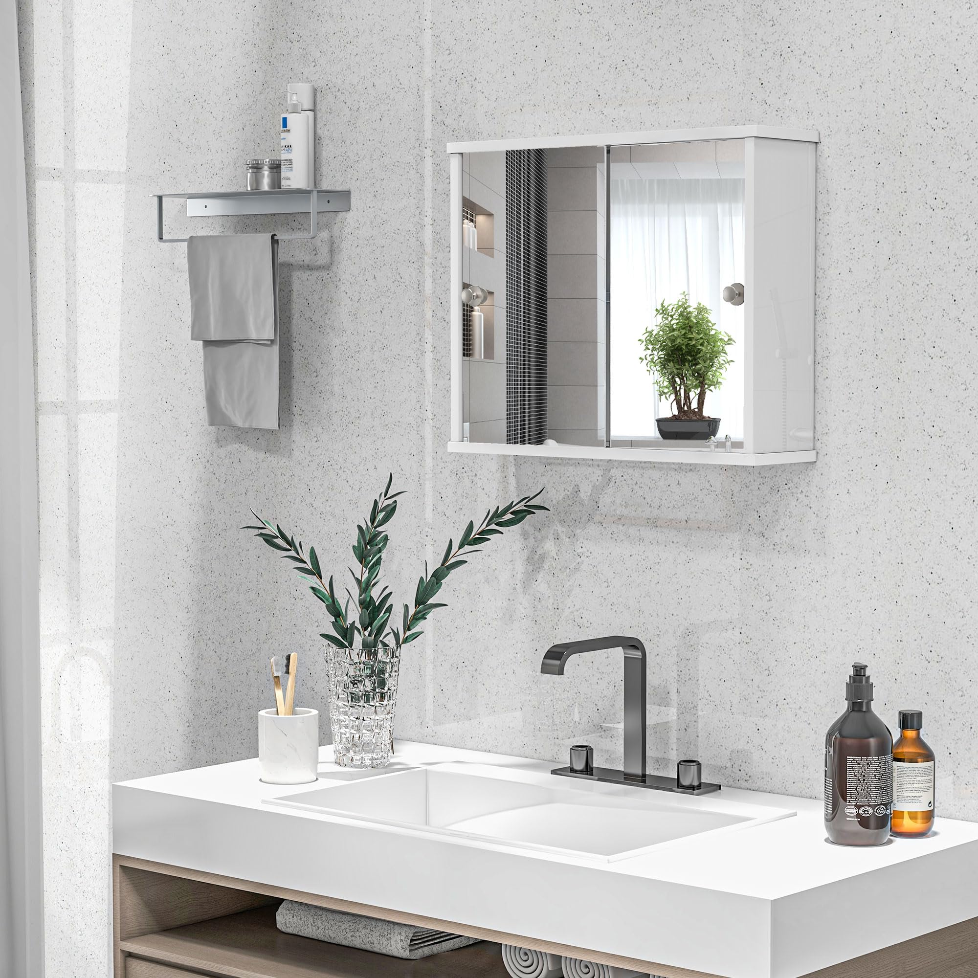 kleankin Armario con Espejo de Baño Mueble Colgante para Baño con Estante Ajustable y Puerta Corredera Doble para Dormitorio 55x15x45 cm Blanco Brillante