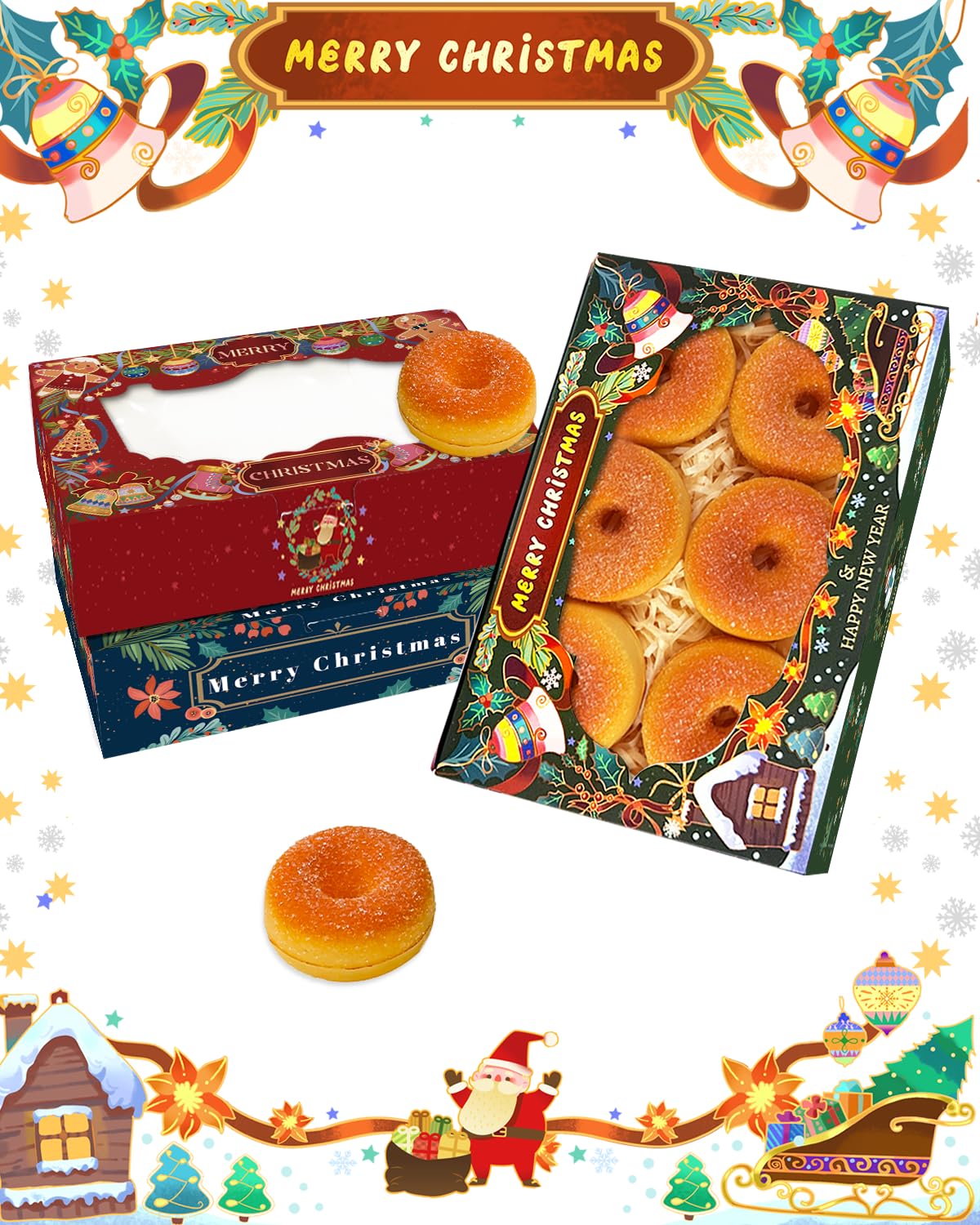 qiqee Scatola per biscotti di Natale con finestra, 22,9 x 15,2 x 6,3 cm, 50 pezzi, per pasticceria, macaron, stile retrò, per Natale