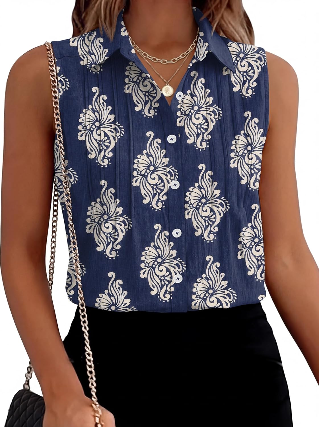 LOMON Women’s Summer Sleeveless Button Down Shirt Office Collared Blouses with Pleated Front Casual Basic Tank Tops - Image 2