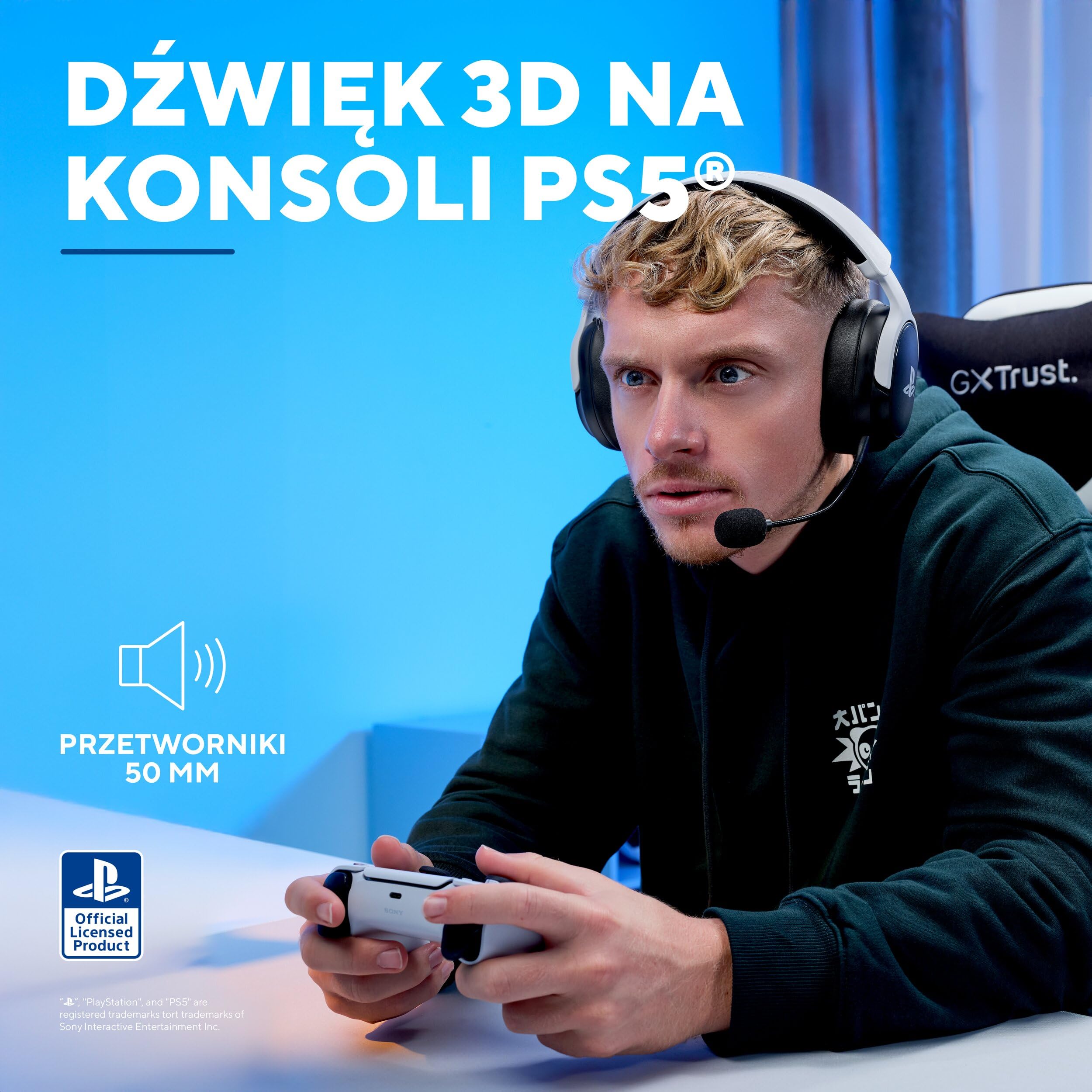 GXTrust Forta bezprzewodowe słuchawki gamingowe licencja PlayStation 5 | odbiornik USB 2,4 Ghz, przetworniki 50 mm, akumulator 55h, zestaw słuchawkowy do Gier PS5, czarny/biały