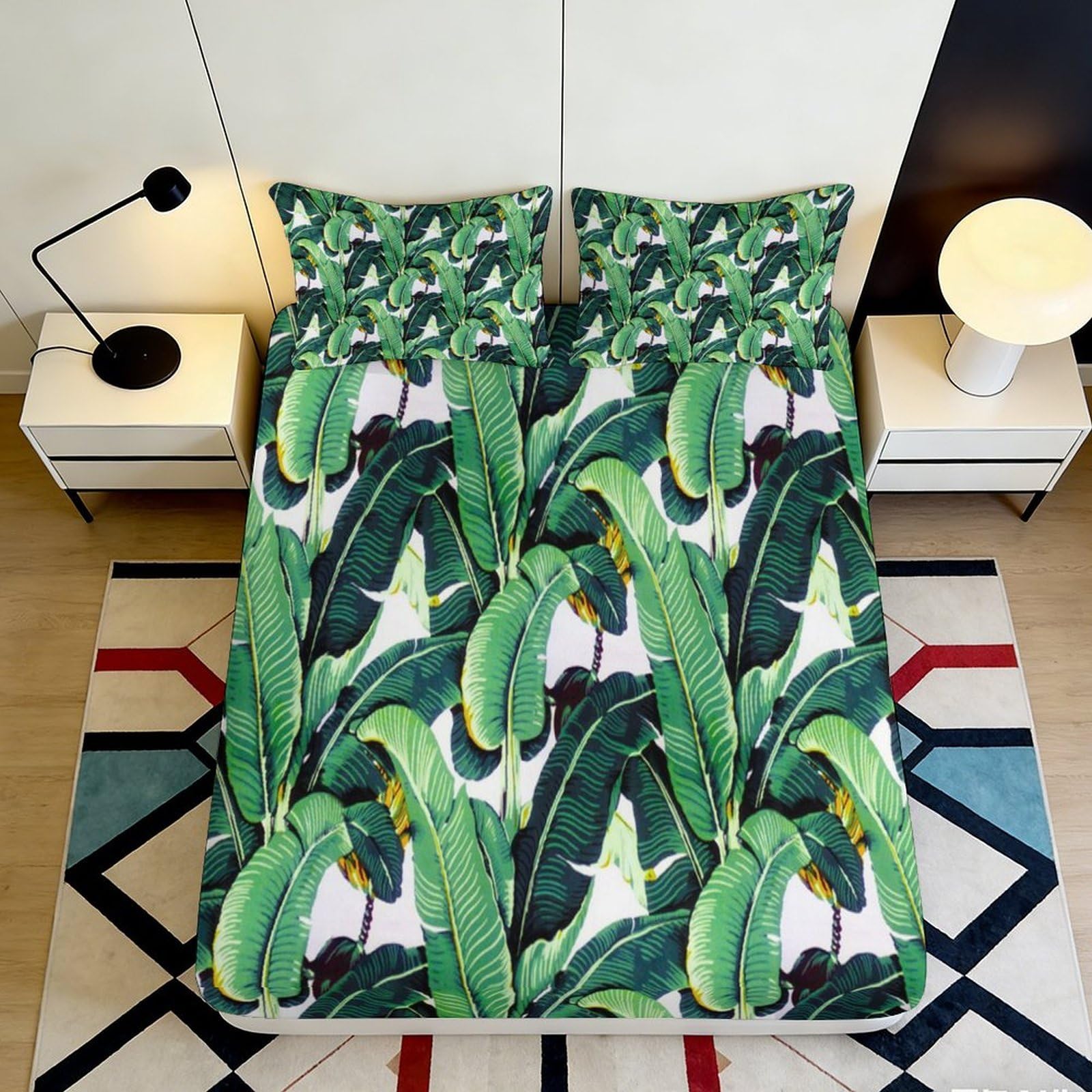 3D Printed Tropical Banana Leaf Fitted Sheet Microfiber Anti-Slip Bed Cover for Bedroom Guest Room Decor Dustproof 90x200x25cm
