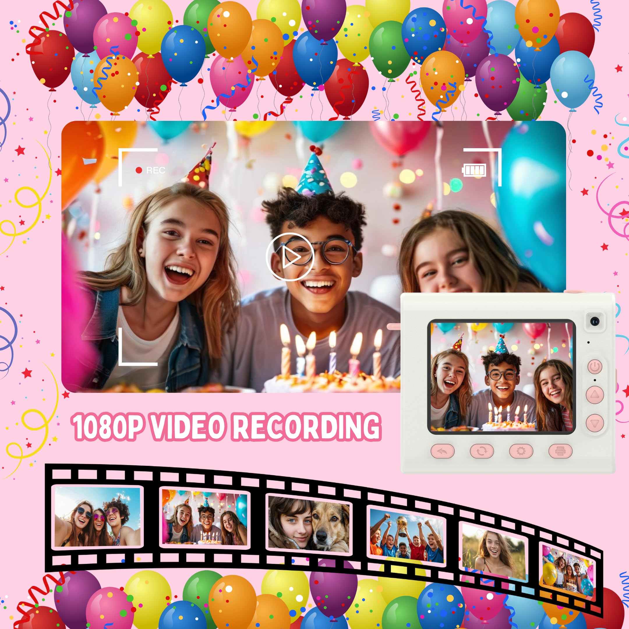 Appareil Photo Enfant, Appareil Photo Instantané, Écran Large avec Papier d'impression et Carte 32GB, Mode Video et Selfie, Jouet Cadeau pour Filles et Garçons Enfant de 3-14 Ans (Rose)