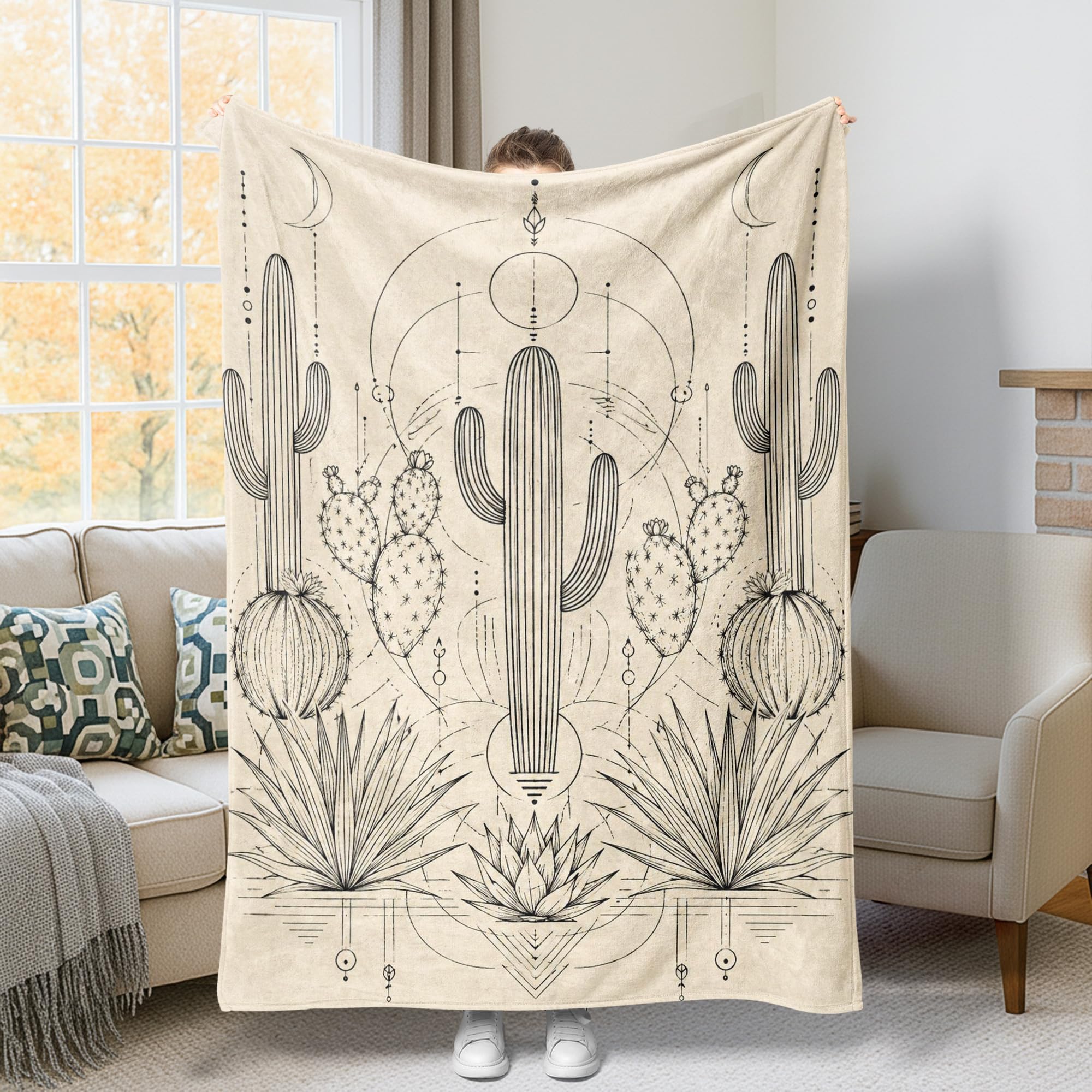 Couverture polaire beige motif cactus bohème pour lit