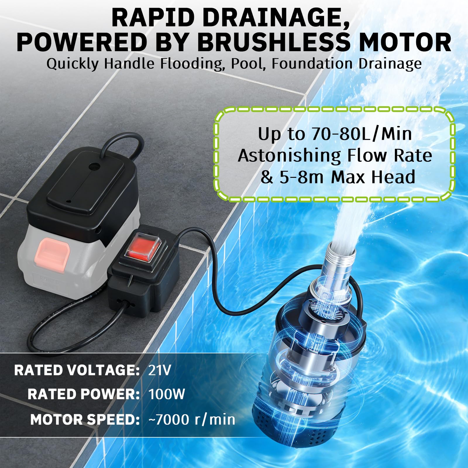 Bomba de Agua Sumergible 21V, Compatible con Makita 18V, Caudal 4800L/H, Elevación 5-8m