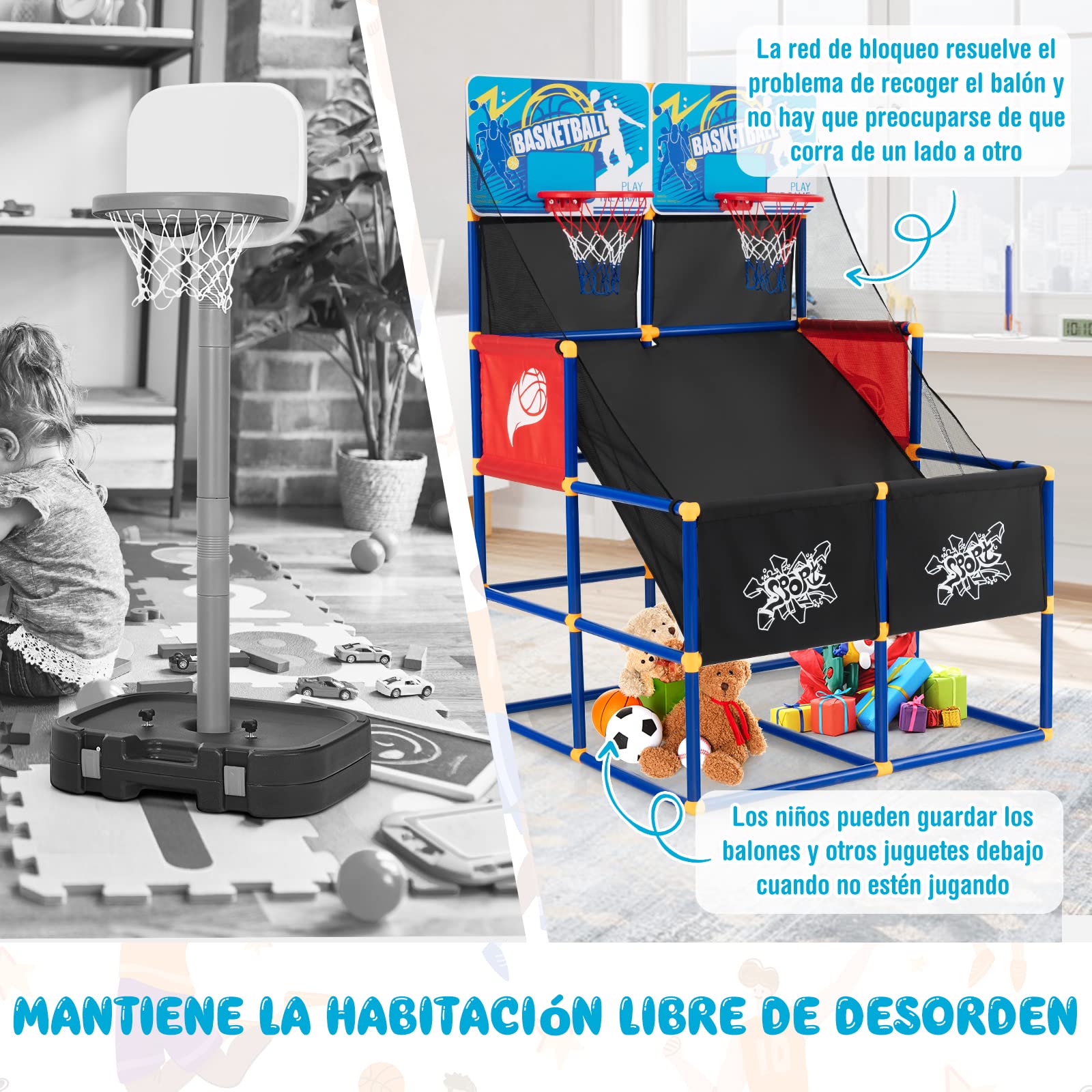 COSTWAY Mini Canasta Baloncesto Habitacion, Juego de Baloncesto de Doble Tiro, 4 Balones, Bomba de Inflado para Interiores y Exteriores, Regalo de Cumpleaños para Niños, Fácil Montaje
