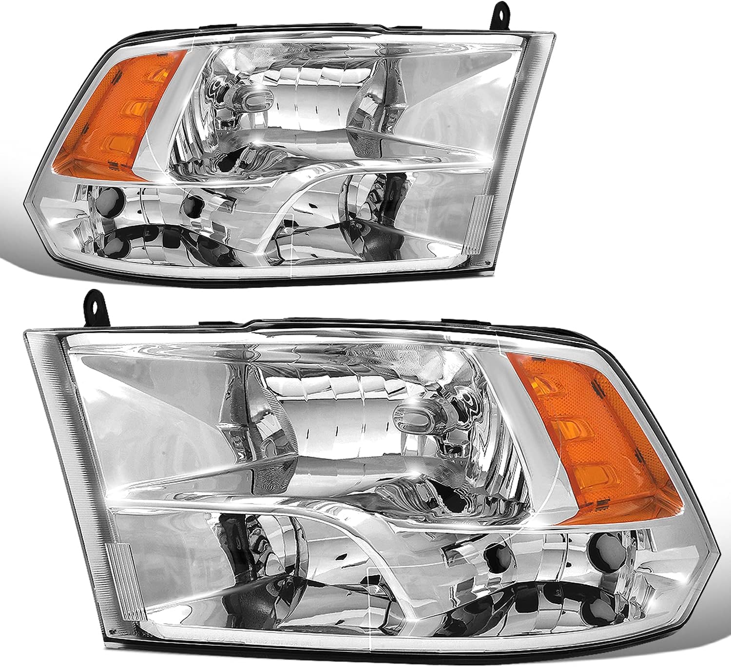 DNA MOTORING HL-OH-DR09QUA-CH-AM Chrome Amber Headlights Compatible with 10-18 Ram 1500-5500,Fit Dual or Quad Headlight Models, Not Fit Factory Projector Style