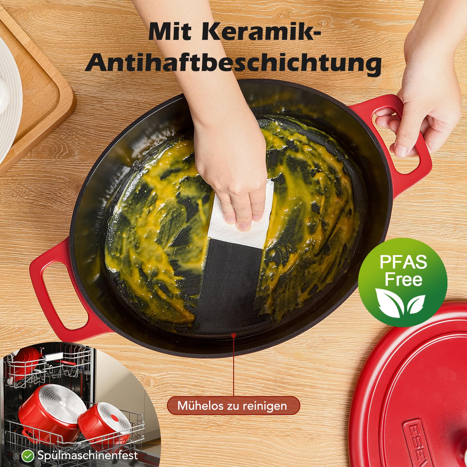 Bräter Oval mit Deckel groß Schmortopf Induktion 38 cm 11 L Brot Backen Dutch Oven Stil, leichter als Gusseisen Topf, Aluguss mit Keramik-antihaftbeschichtung, für Schmoren Braten, Rot