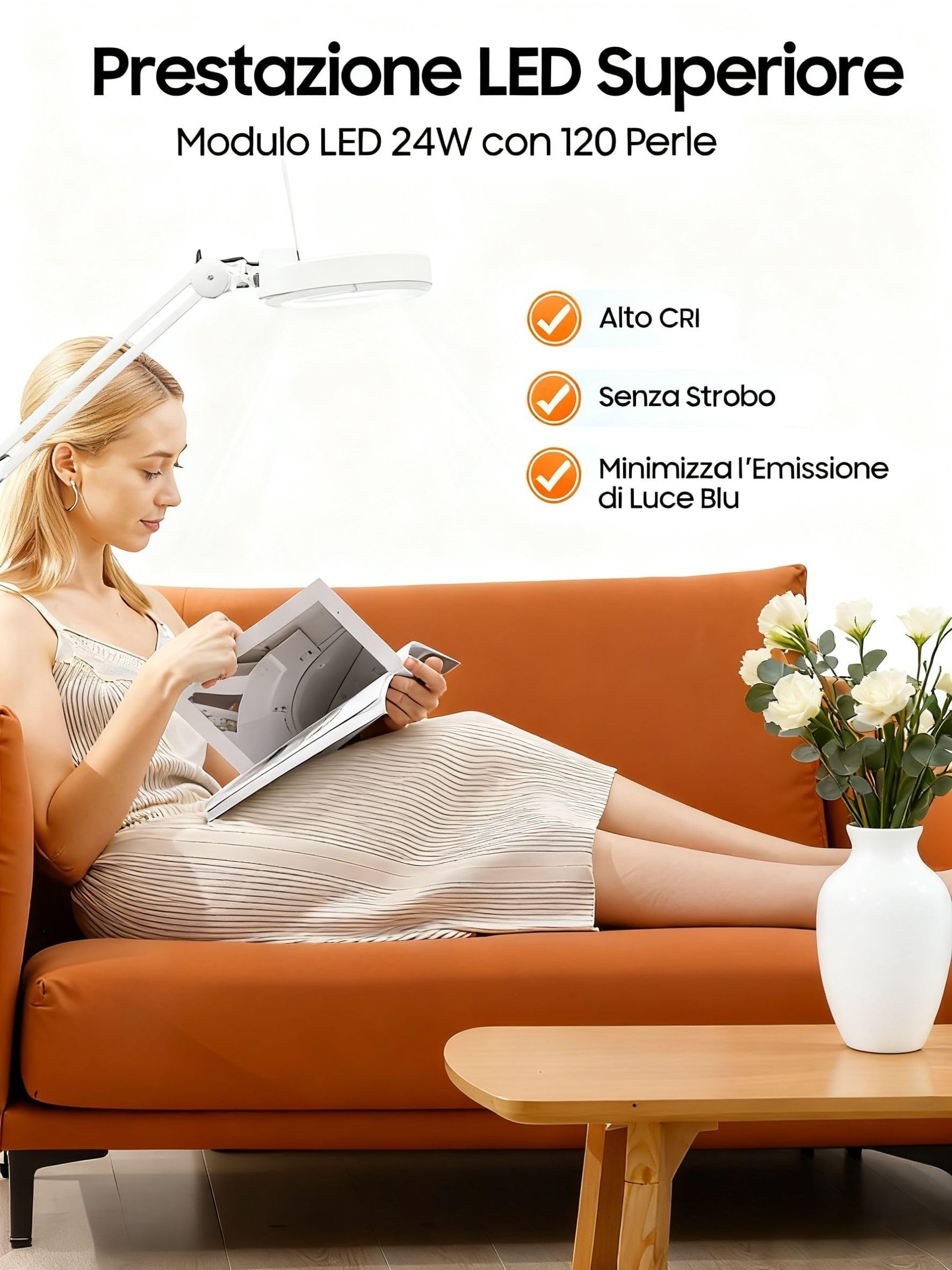 Lampada con lente d'ingrandimento cosmetica a LED da 24W, lampada con lente d'ingrandimento a LED con treppiede mobile, ingrandimento 5X lente d'ingrandimento da terra con braccio girevole e