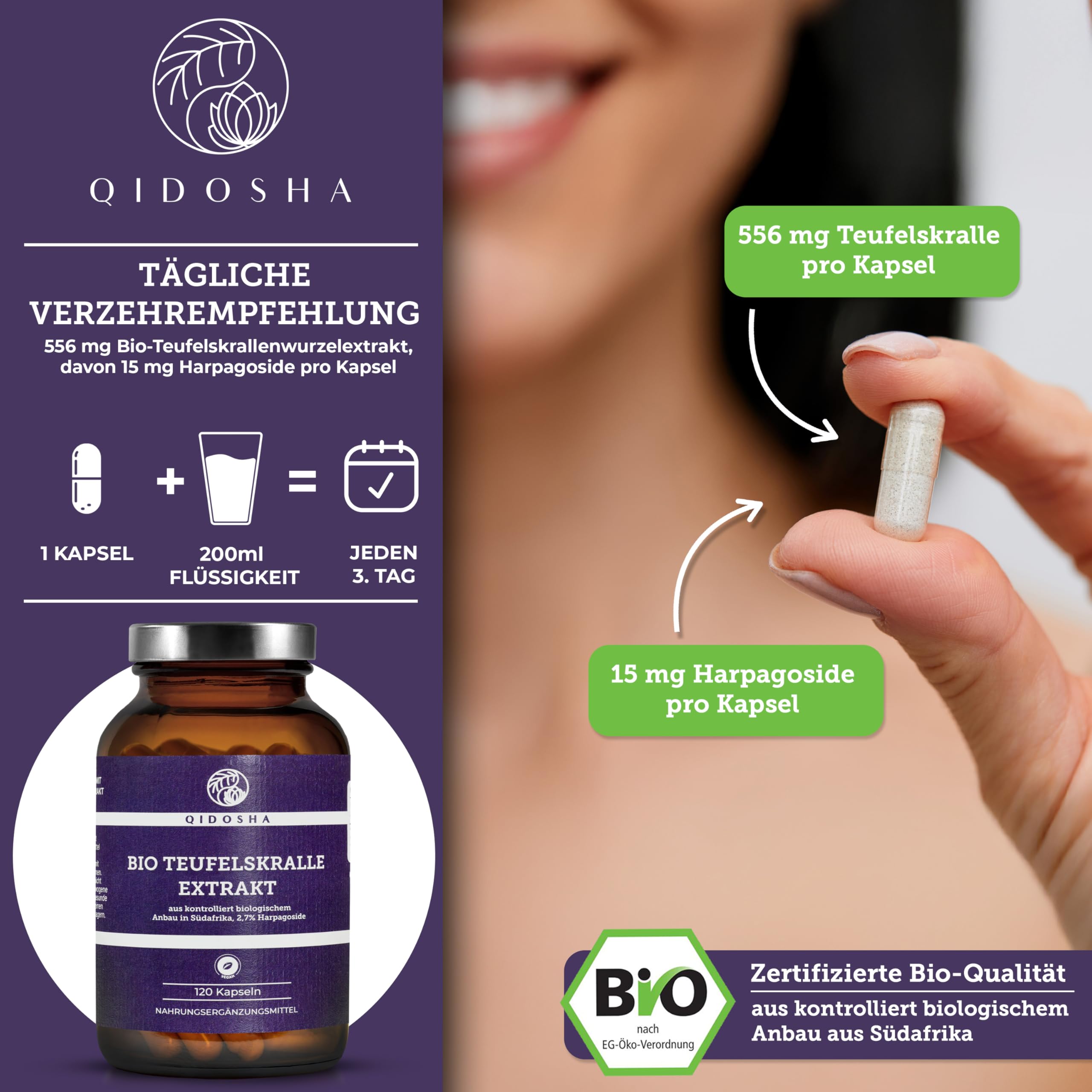 QIDOSHA® Bio Teufelskralle Extrakt Kapseln, 120 Kapseln im Apothekerglas, Rohmaterial in Bio-Qualität aus Südafrika, deutsche Fertigung, jede Charge laborgeprüft
