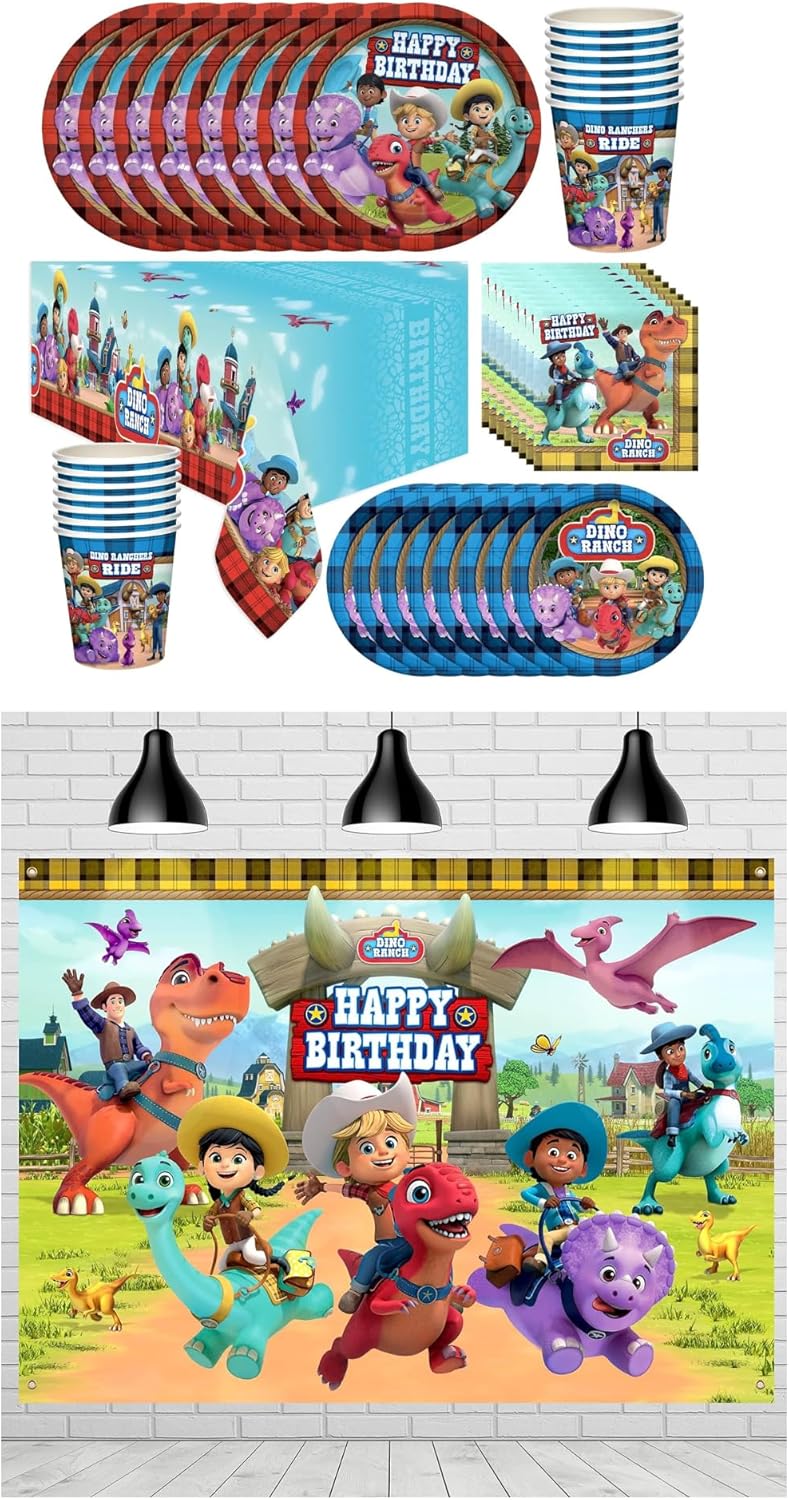 Treasures Gifted Dino Ranch Birthday Party Supplies - Serves 16 Guests - Dinnerware Deluxe Set and Dino Ranch Backdrop