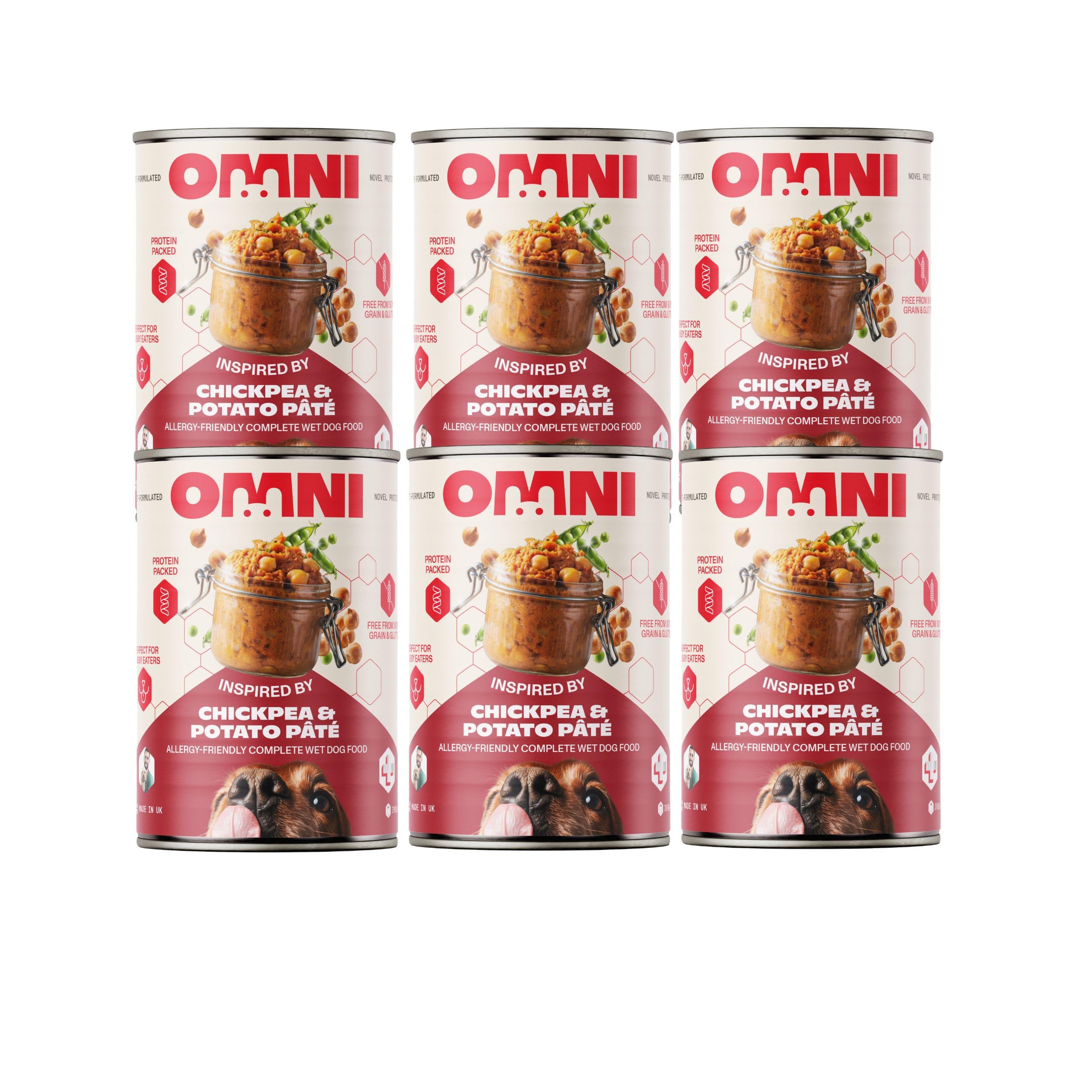 Omni Wet Dog Food for Adult Dogs - Chickpea & Potato Paté Hypoallergenic Dog Food Vet-Formulated Rich in Protein with Chickpeas, Carrot and Thyme - Gut Friendly, Soya and Gluten Free, Pack of 6