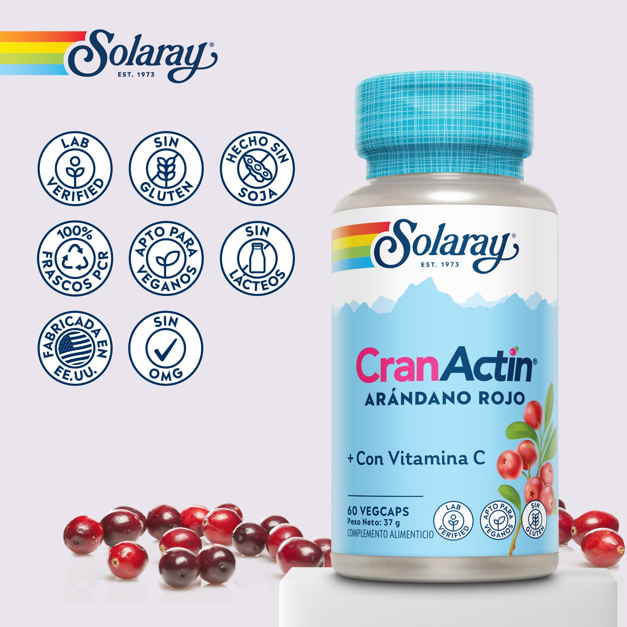 Cranactina arándano con vitamina C, 60 cápsulas veganas, no tabletas, suplemento concentrado de arándano, sin OMG y verificado en laboratorio. Solaray