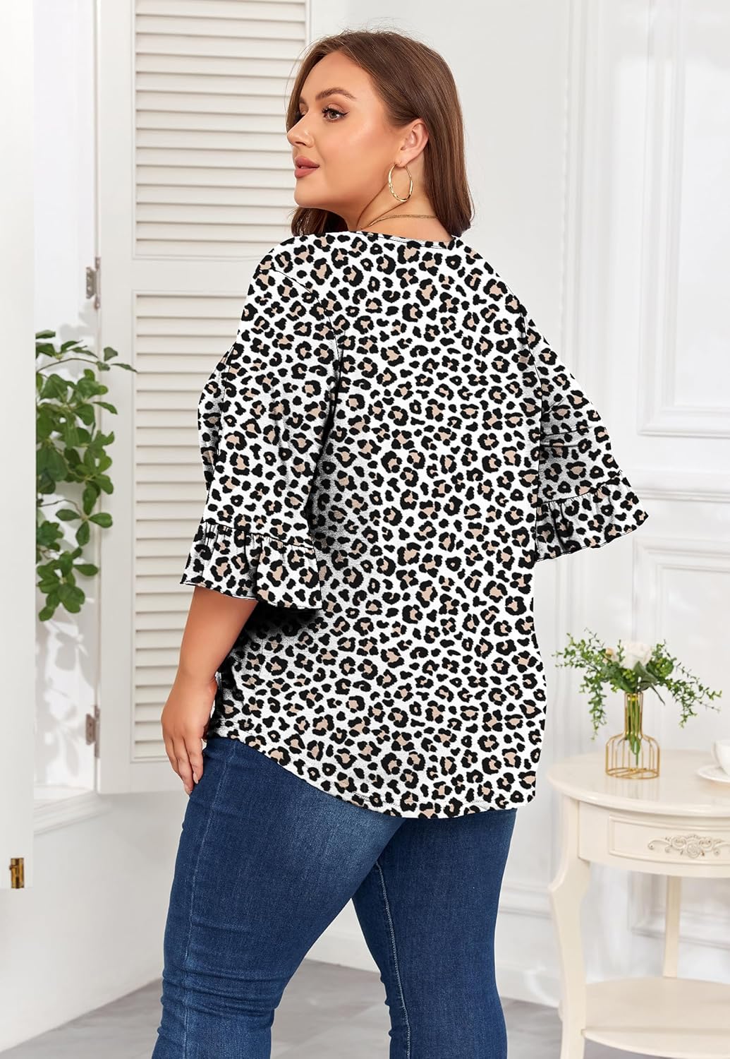 Women's Plus Size Tops 3/4 Ruffle Sleeve Shirt V Neck Pleated T Shirt Tunic Blouse Loose Fit 1X-5X - Image 3