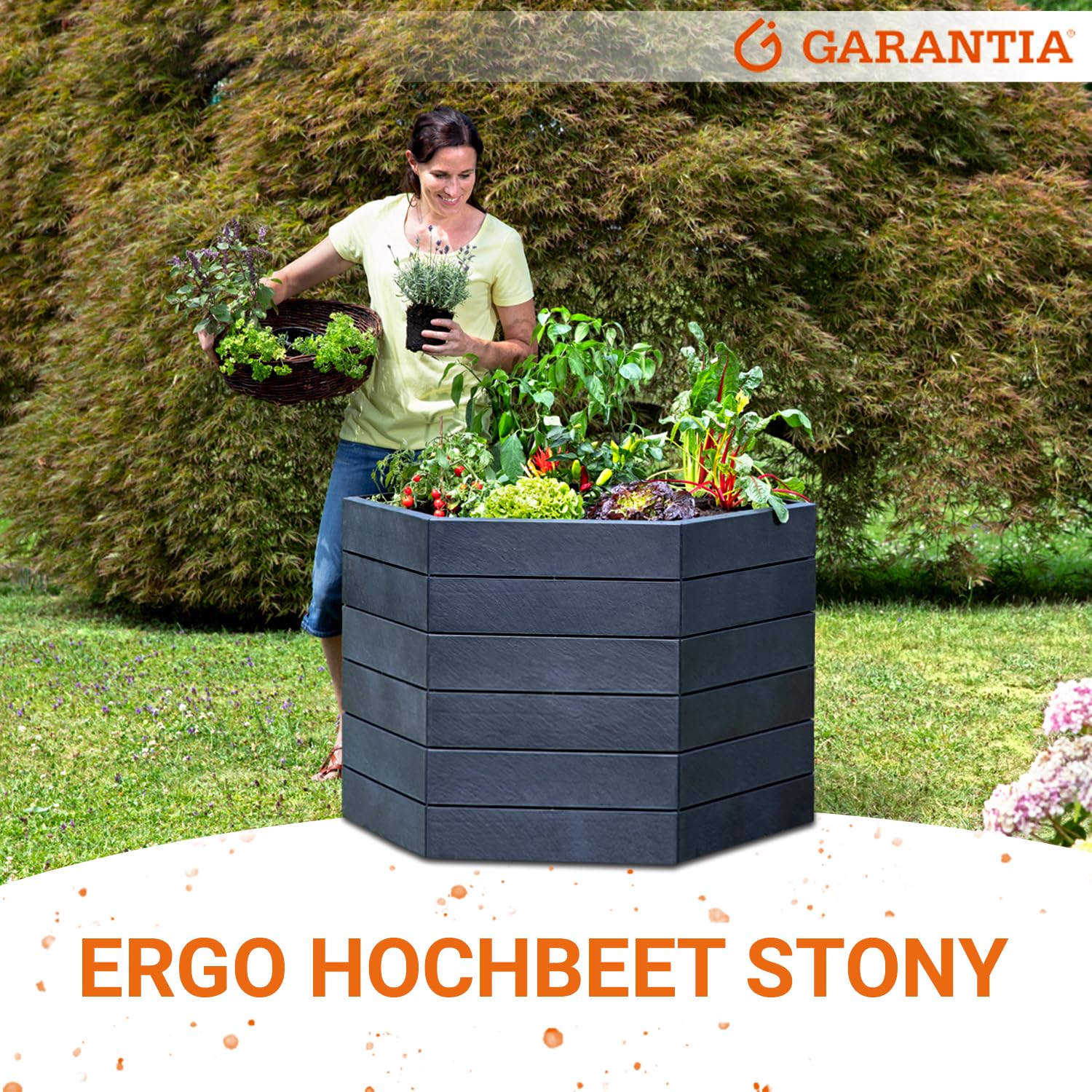 Garantia Ergo Hochbeet Stony L 75 ergonomisches Hochbeet Kunststoff | sechseckig anthrazit für Garten Gemüsebeet Kräuterbeet Pflanzenbeet dekorative Steinoptik wetterfest modular steckbar