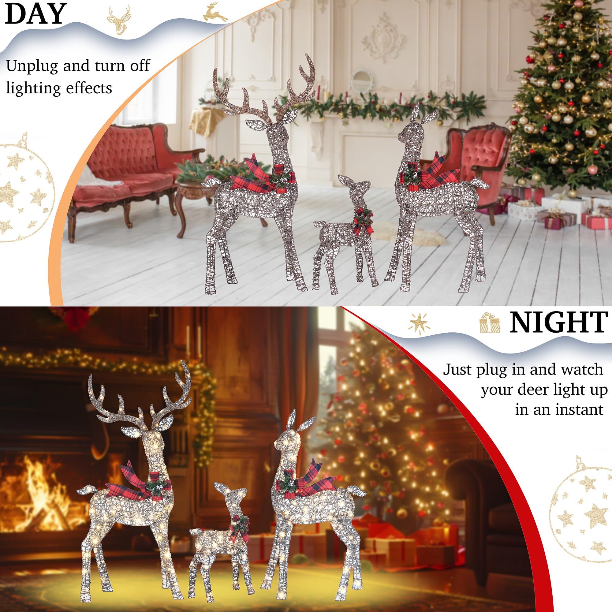 Decoraciones de ciervo de Navidad tejidas en 3D de 58 pulgadas, 3 piezas para exteriores, juego de renos con 210 LED blancos cálidos, gran exhibición de patio para jardín, escaparate
