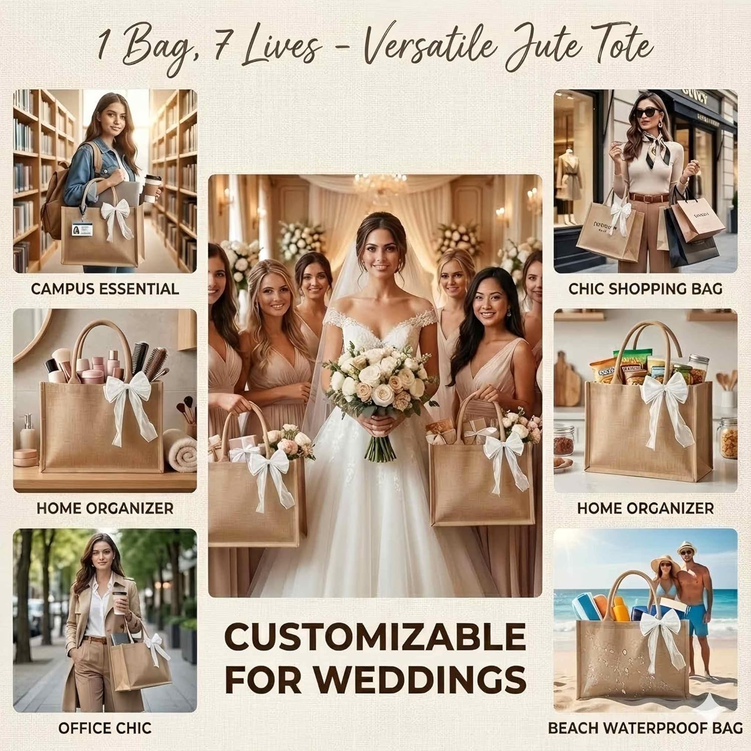 10pcs Burlap Tote Bags Set with Handles, Large Jute Tote Waterproof Reusable Blank Grocery Bags with Ribbon 15*6*12 Inch for Bridesmaid Gift, Beach, Travel, Wedding Party Favors, DIY, Shopping