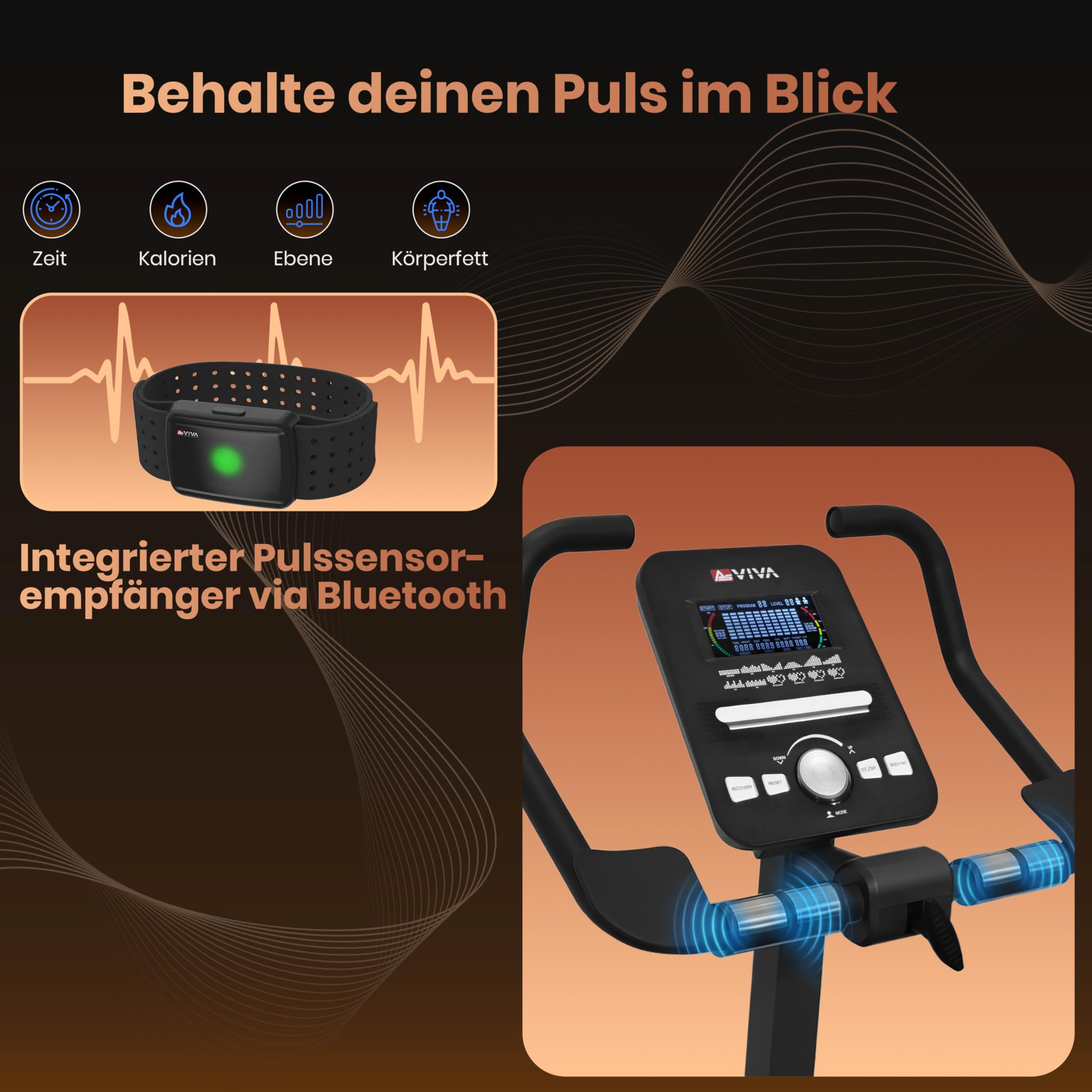 AsVIVA H22 Heimtrainer Ergometer - leiser Fahrrad Heimtrainer mit Riemenantrieb und automatischer Widerstandsanpassung - Fitness Apps kompatibel