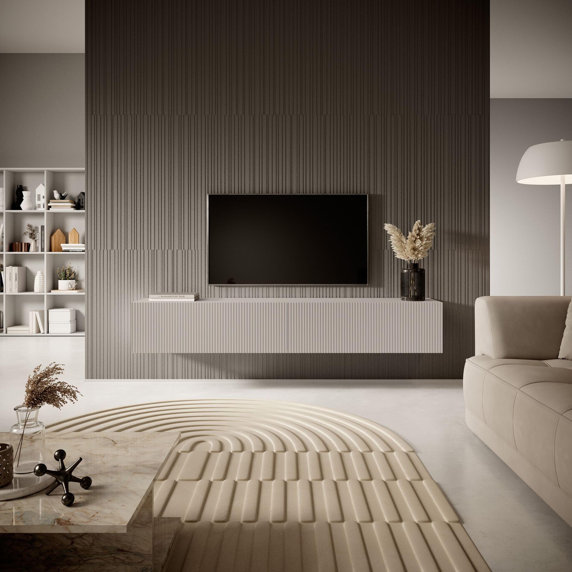 Selsey TV Schrank Board Sideboard Fernsehtisch Fernsehschrank 175 cm Hängend Gefräste Front Graubeige Veldio