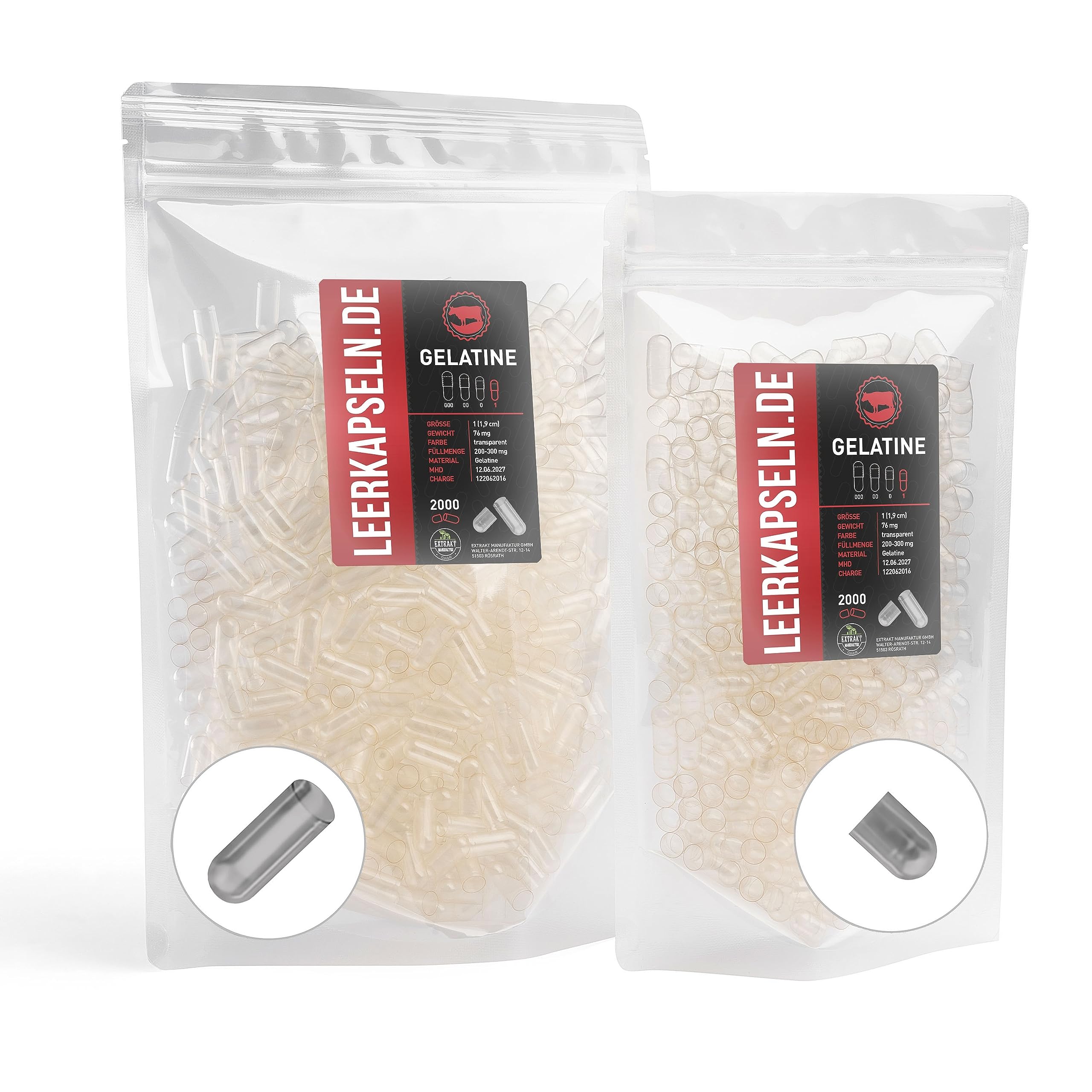 Pack of 2000 - Size 1 - Gelatin Capsules Caps - Separated Capsule Halves - Transparent Beef Empty Capsules - No Prior Opening Required (2000)
