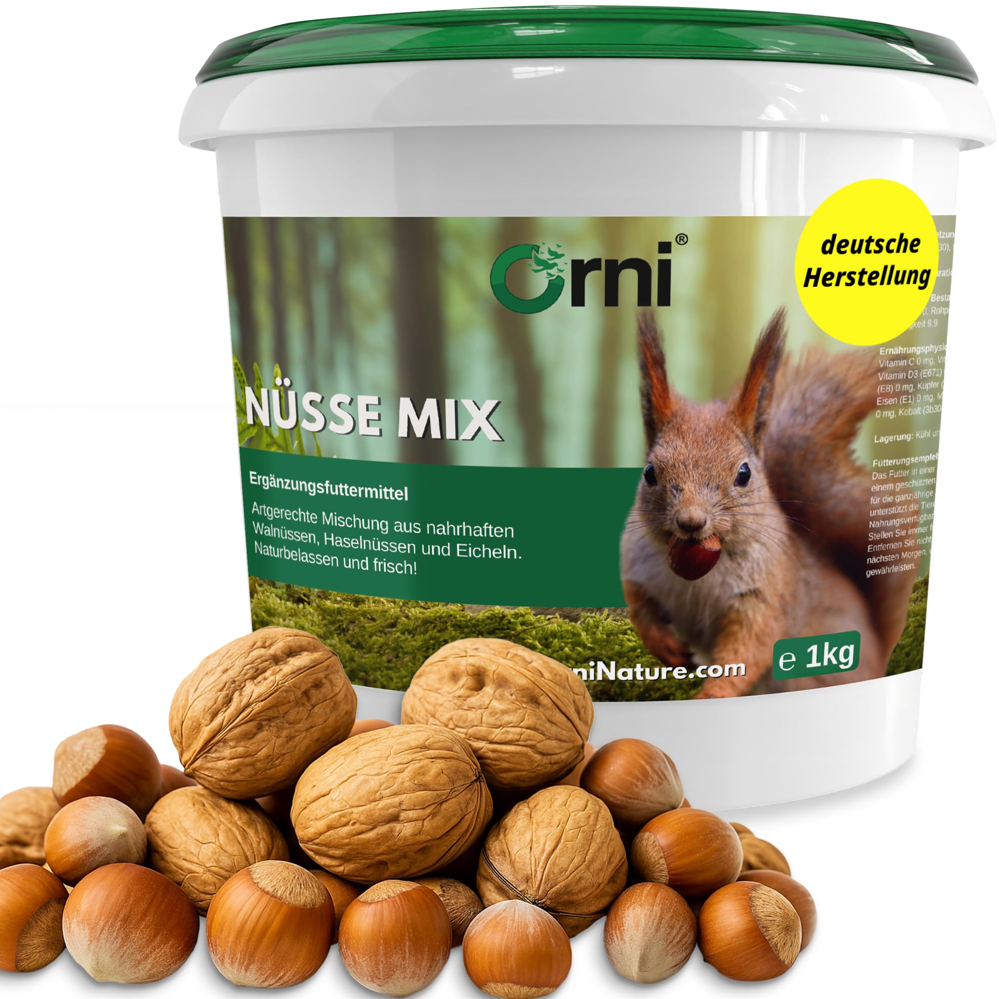 Orni Artgerechter Nüsse Mix für Eichhörnchenfutter 1kg | Futter für Eichhörnchen mit Haselnüsse, Walnüsse mit Schale für Eichhörnchen | Ganzjähriges Eichhörnchenfutter
