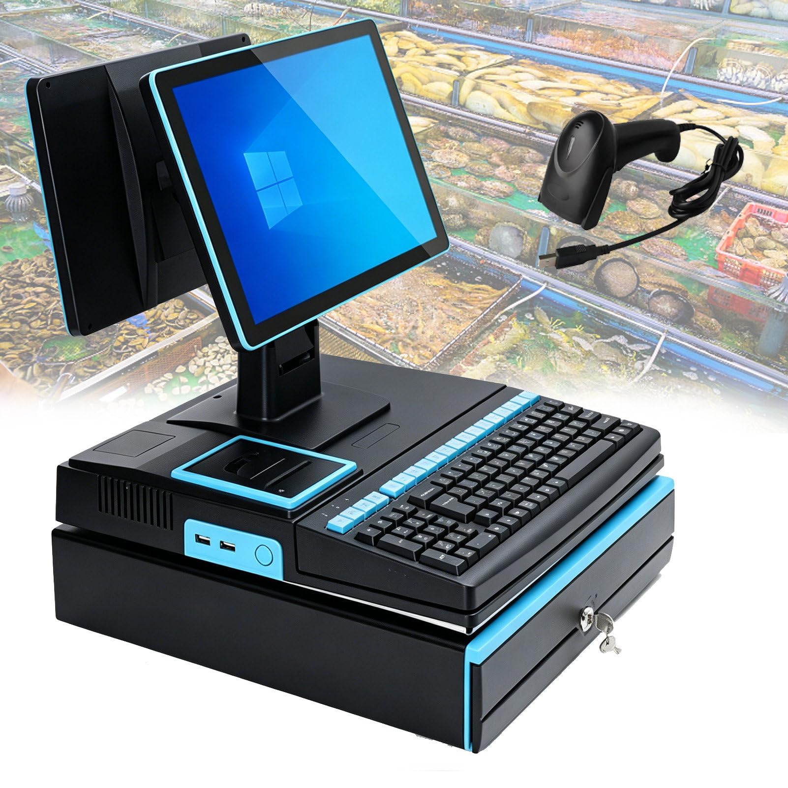 Pvxa Blue All-In-One Pos Cash Register System, All-In-One Cash Register With 15.6" Touch Screen Monitor, Led Touch Screen, 101 Keys Keyboard, Handheld Scanner Dualscreen