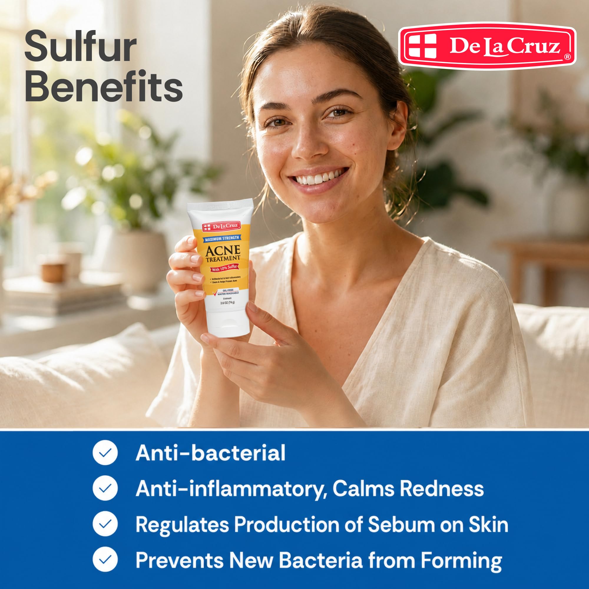 De La Cruz Traitement à l'acné 10 % sulfure - Médication à l'acné cystique clair et aux points noirs sur le visage et le corps - Fabriqué aux États-Unis - Tube de 2,6 oz