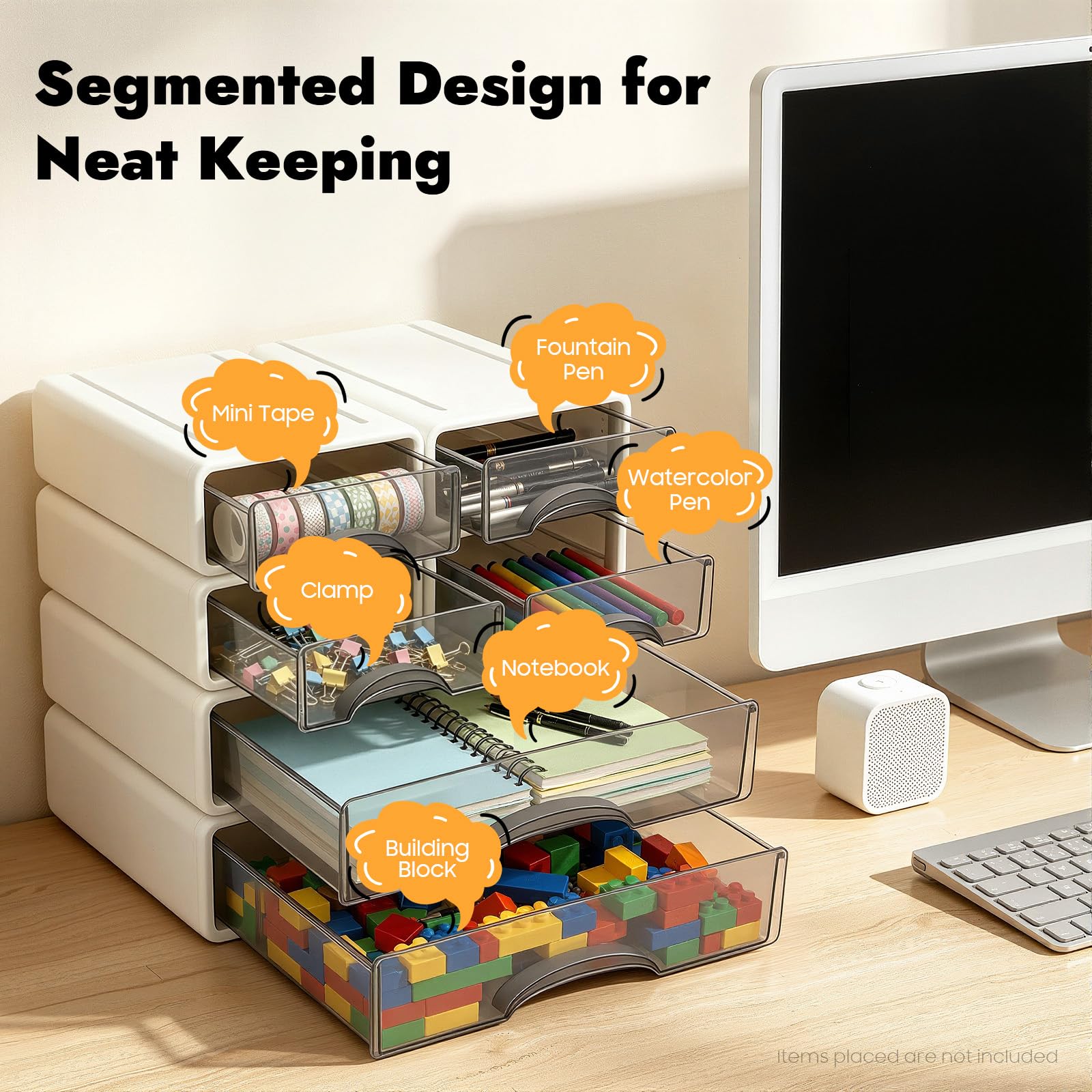 6 organizer da scrivania, cassetti con design semitrasparente e design a scatto, forte stabilità per famiglia, ufficio
