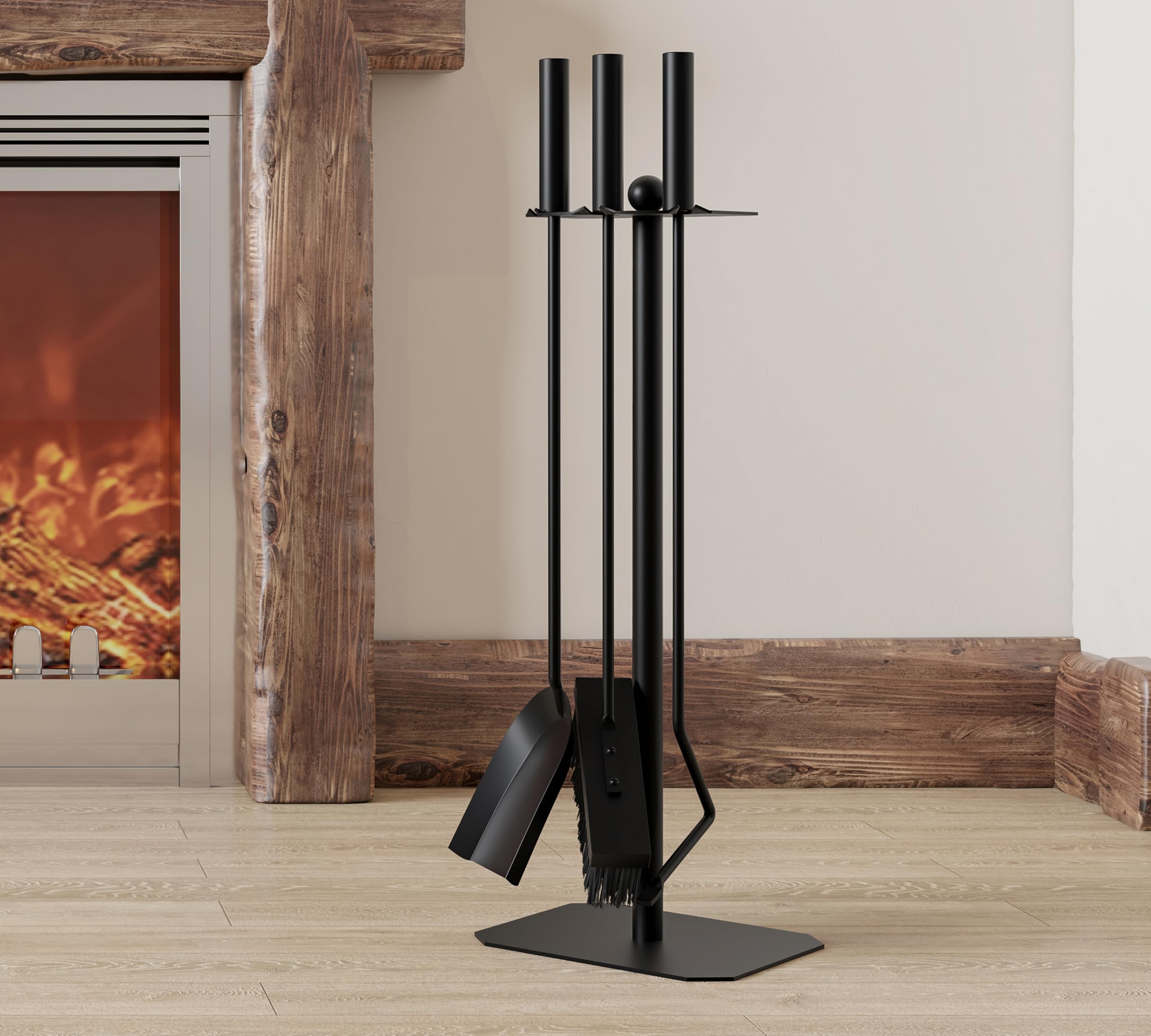 Juego de accesorios para chimenea Kingson – Juego de 3 piezas con cepillo, atizador y pala – Acero recubierto de polvo negro con detalle decorativo de bola – 57,5 cm