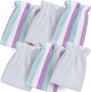 VOOVA & MOVAS Bath Gloves 6 Pack Purple Stripe,European Style with Loop | 100% Cotton Soft Touch, Absorbent Washcloth, No Fade, for Shower, Makeup Removal and Daily Cleaning.