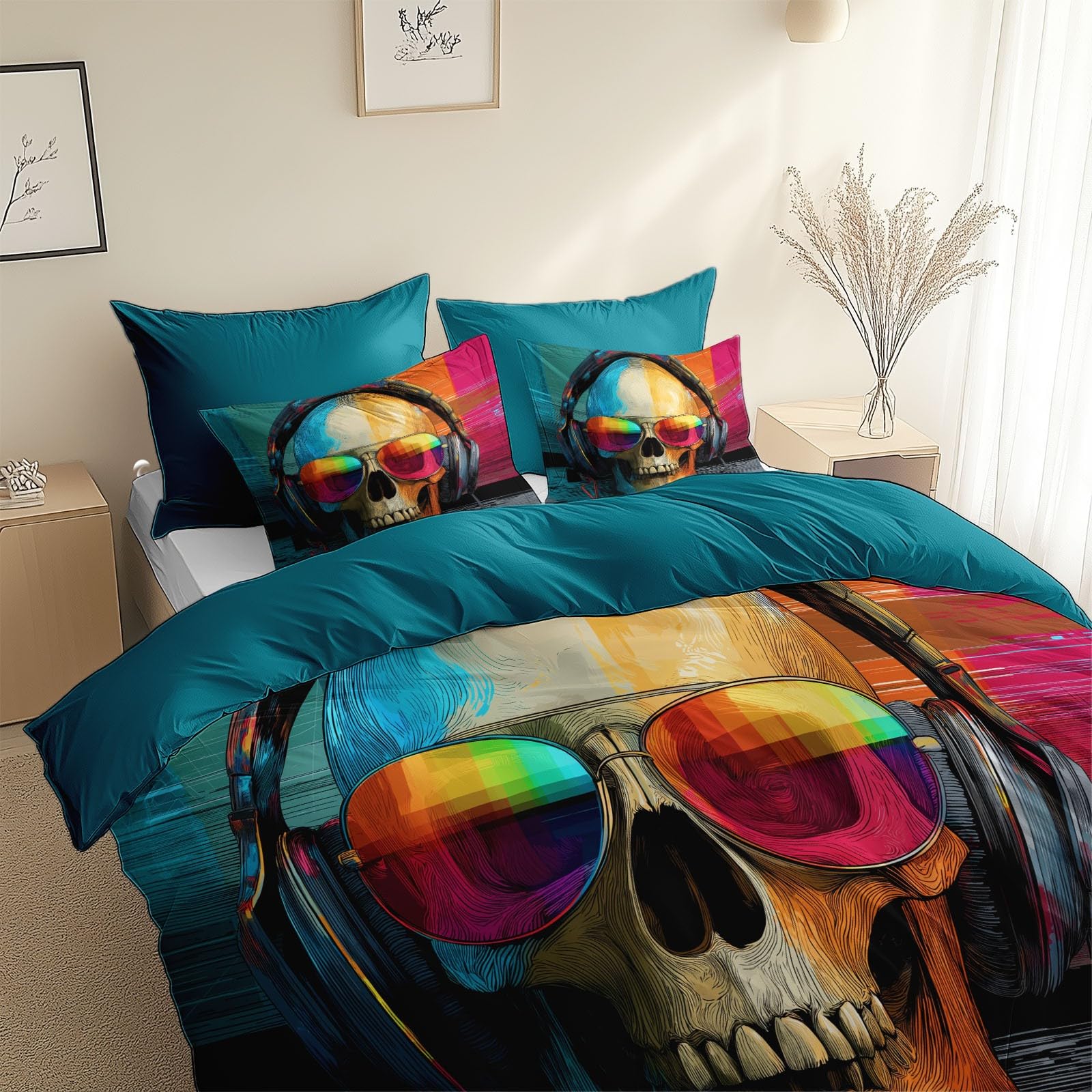 Housse de couette 200x200 crâne musique idéale chambre ado turquoise