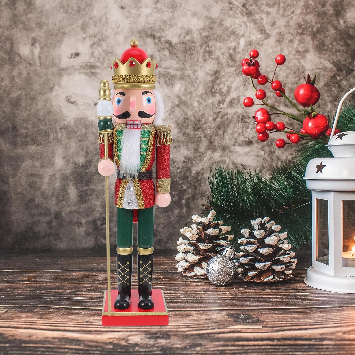 38cm Pink Glitter Nutcracker Figurine Christmas Decoration, Wooden Holiday Nutcracker Ornament with Green Base, Festive Desktop Xmas Mantel Centerpiece for Indoor Winter Decor