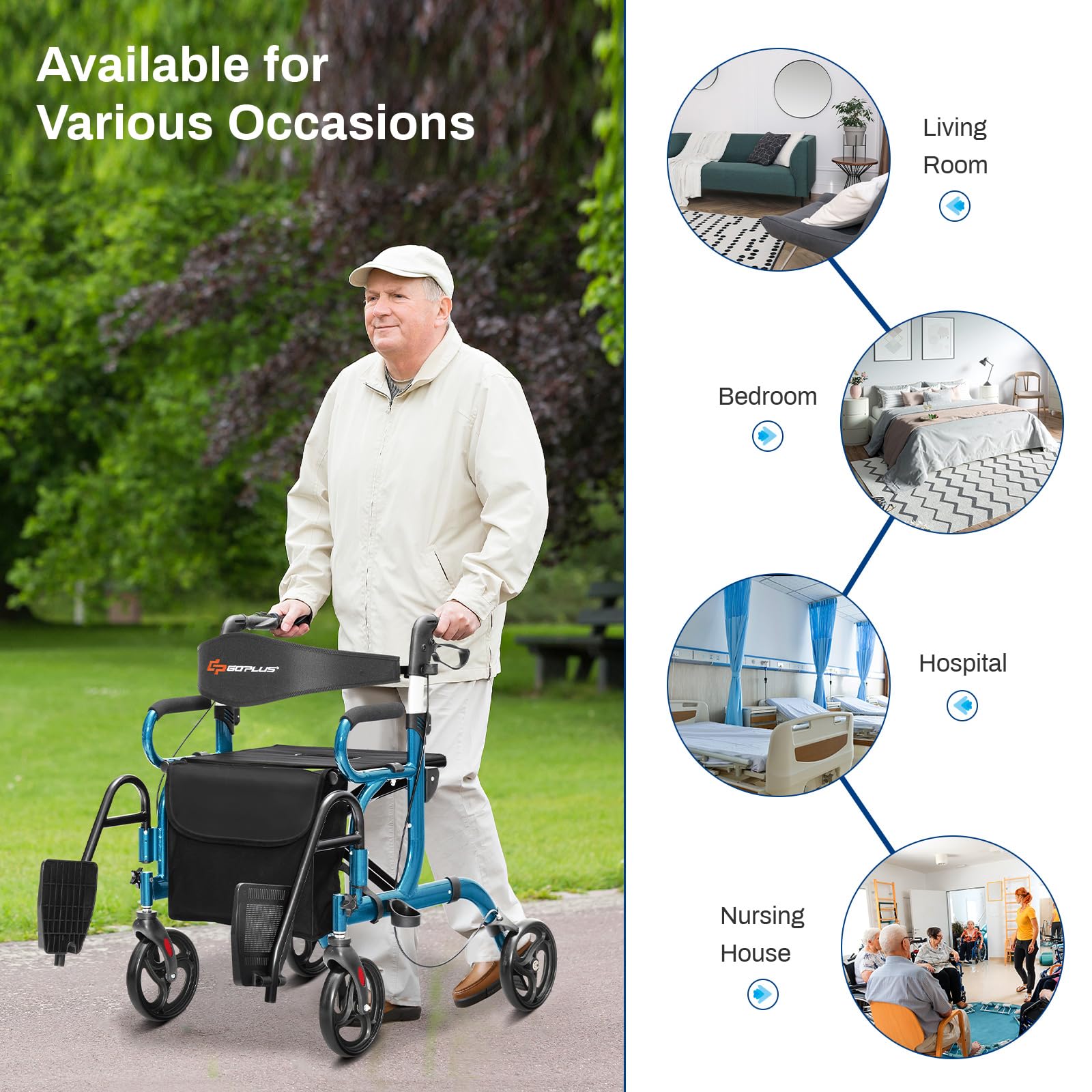 FANTASK Andador con asiento, plegable y ligero, plegable y ligero, 6 alturas ajustables, de aluminio, con bolsa, freno y soporte para bastones, para personas mayores (azul)