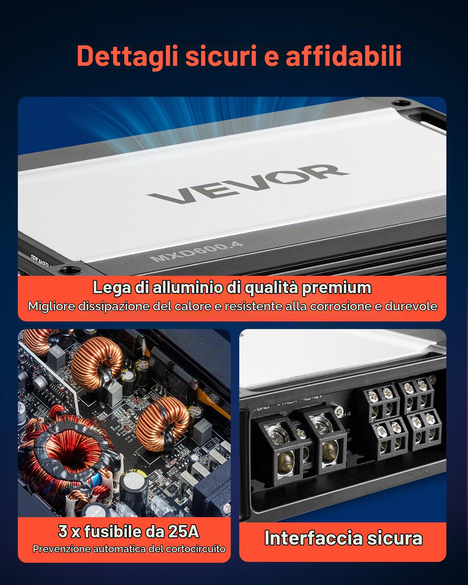 VEVOR Amplificatore Audio per Auto a 4 Canali Potenza a Ponte di Classe D max. 4x420 W a 4 Ohm/4x 600 W a 2 Ohm, Amplificatore per Veicoli Multicanale 14,4V CC Larghezza di Banda 15 Hz-30 kHz