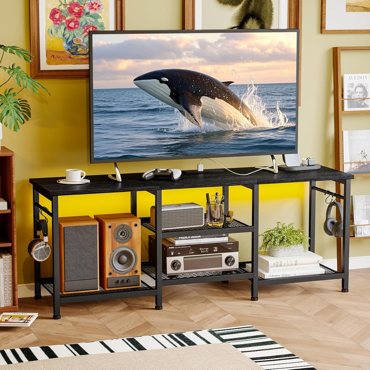 YGEOMER Black TV Stand Entertainment Center for 55 Inch TVs, with Charging Station and Lights Open Storage Shelves, TV Media Console, Open Storage Shelf with Sound Rack for Living Room, Bedroom