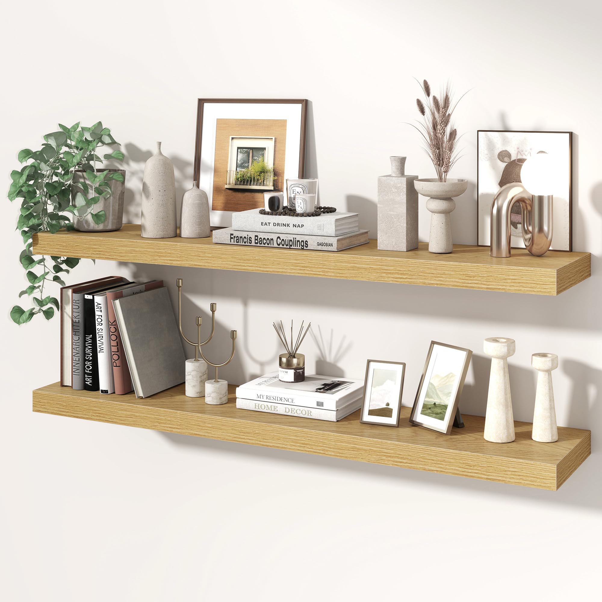 Axeman 100cm Floating Shelves for Wall 2 Pack Shelves for Bedroom|Kitchen|Bathroom Wall Mounted Rustic Wood Floating Shelf with Invisible Brackets for Books|Storage|Decor, Oak, 20cm Deep